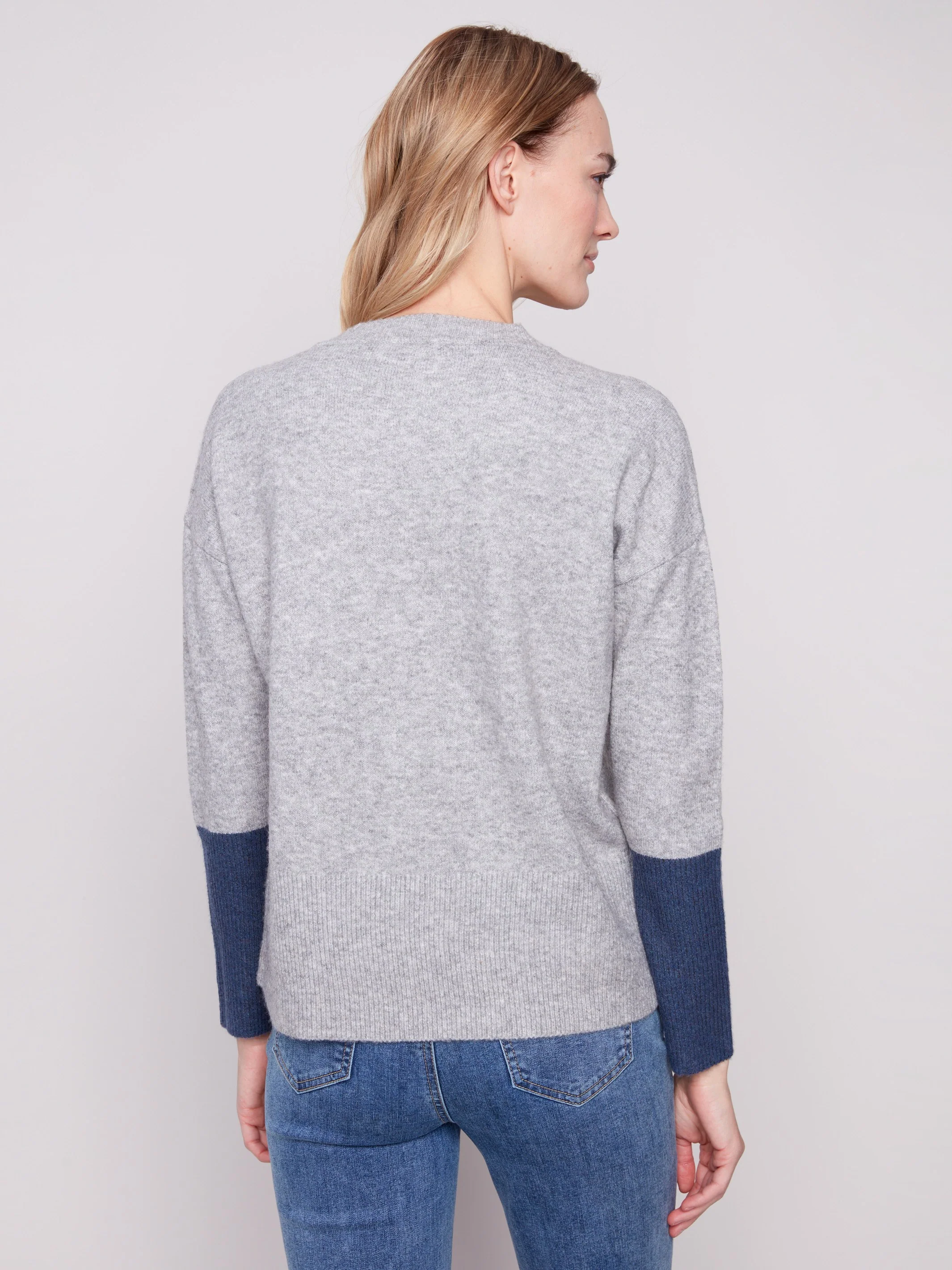 Crew Neck Sweater With Contrast Details - Heather Grey - WHSBYS