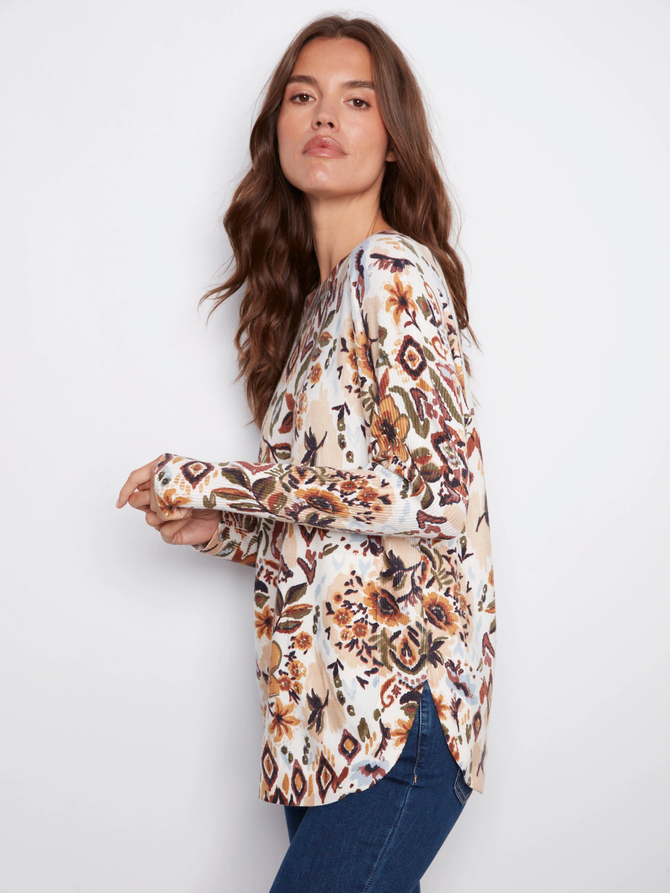 Printed Rounded Hem Sweater - Jacobean - WHSBYS