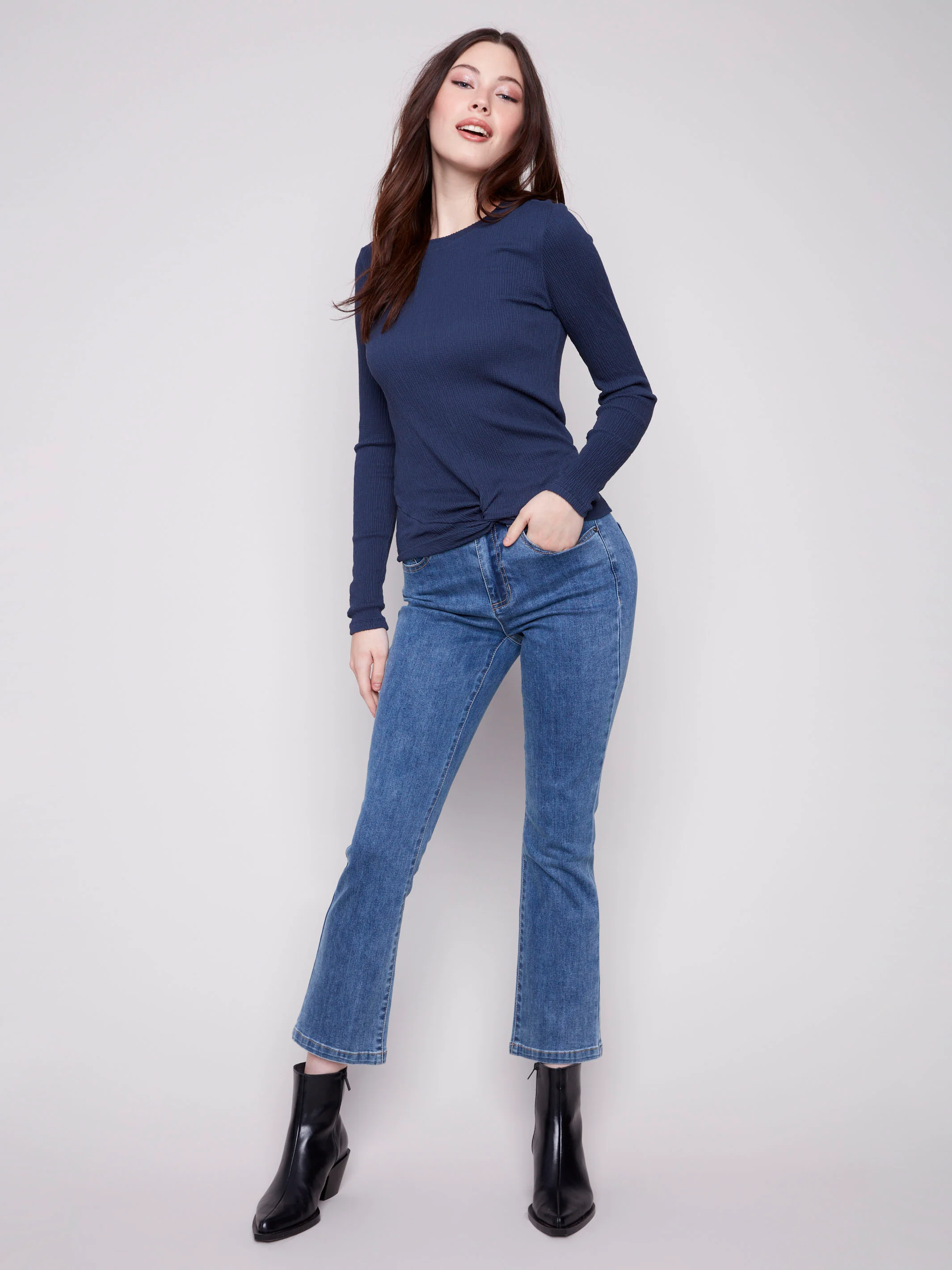 Textured Knit Top With Front Knot Detail - Moonlight - WHSBYS