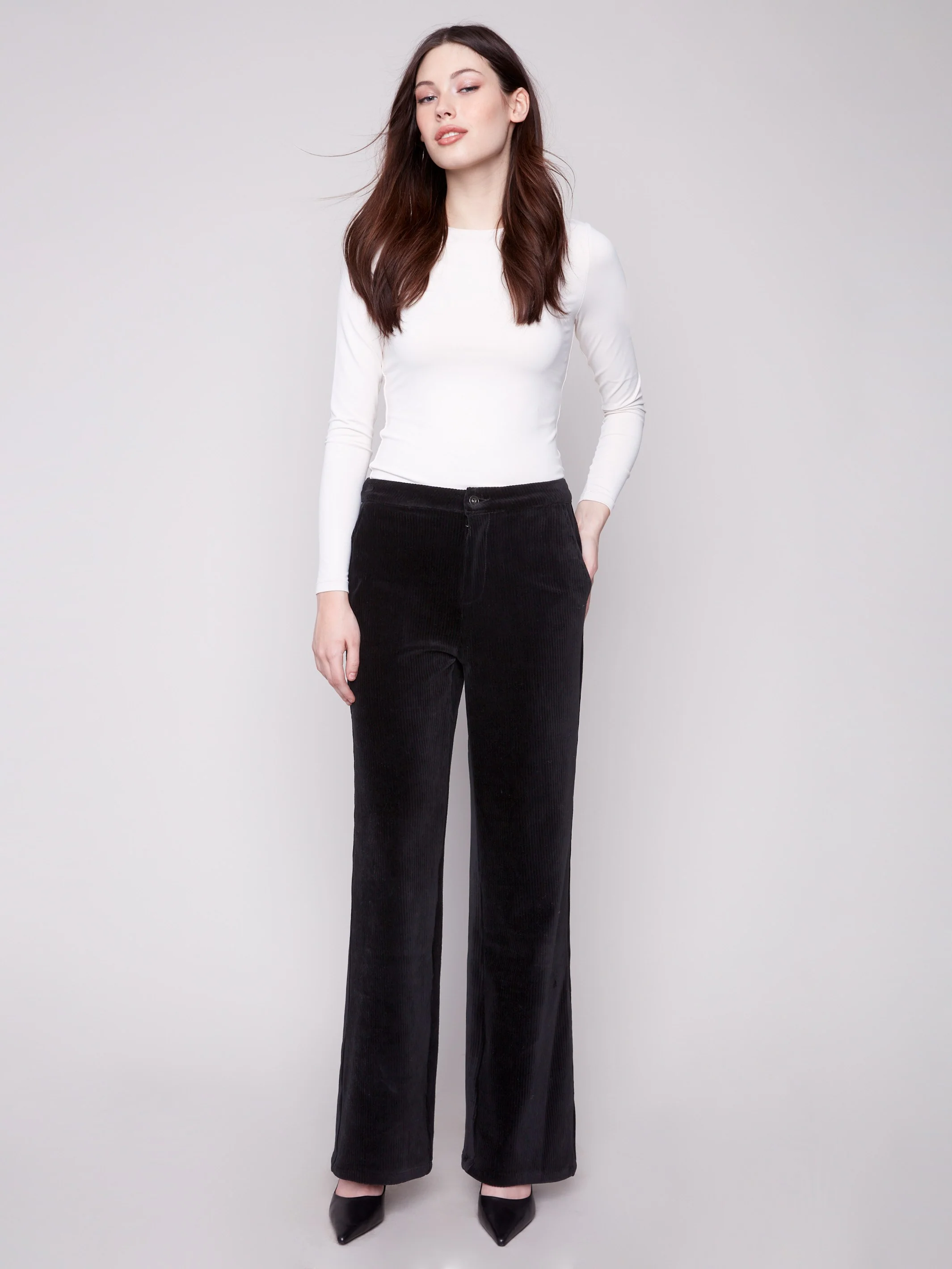 Wide Leg Stretch Corduroy Pants - Black - WHSBYS