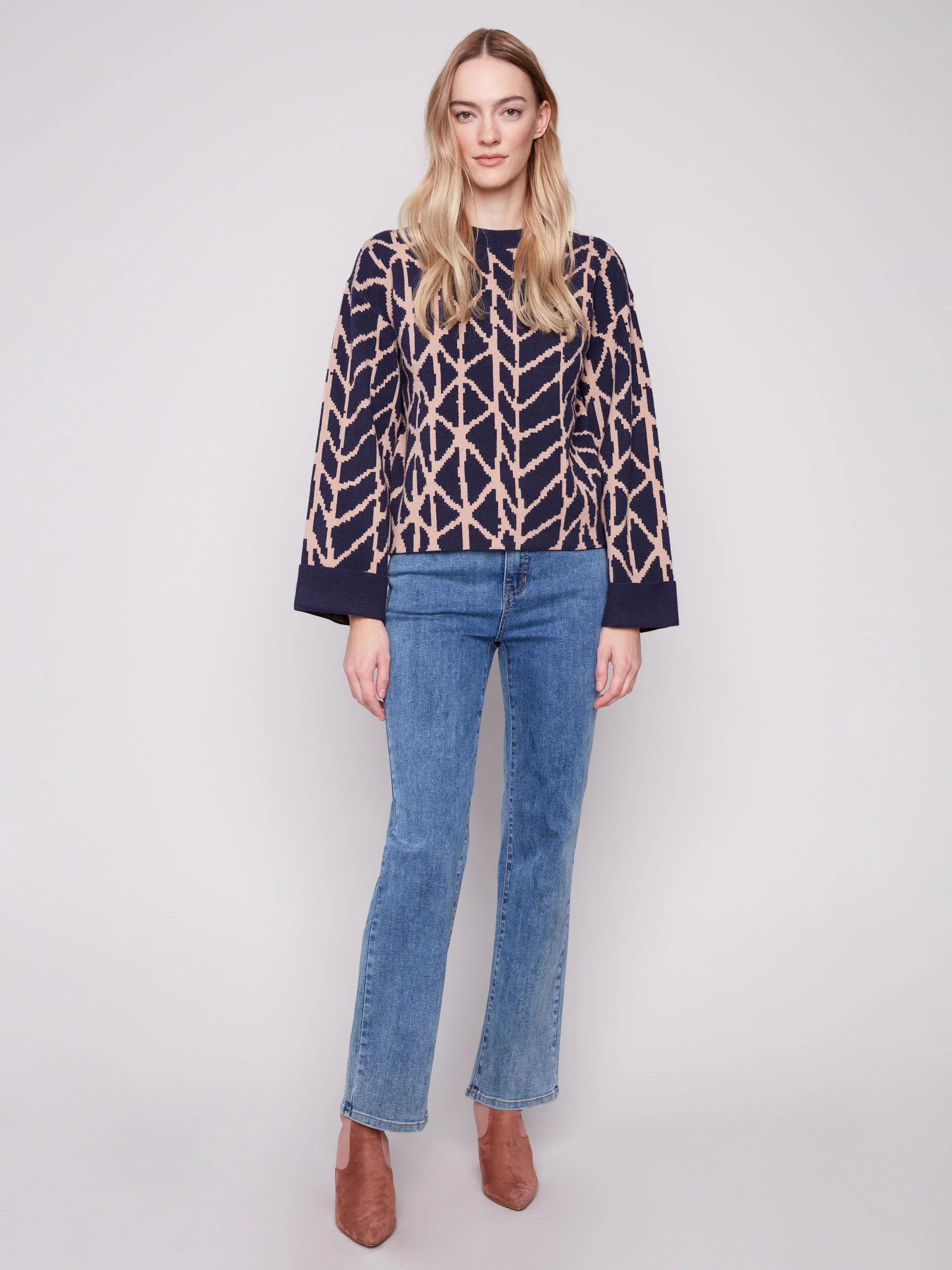 Jacquard Sweater With Folded Cuffs - Navy - WHSBYS