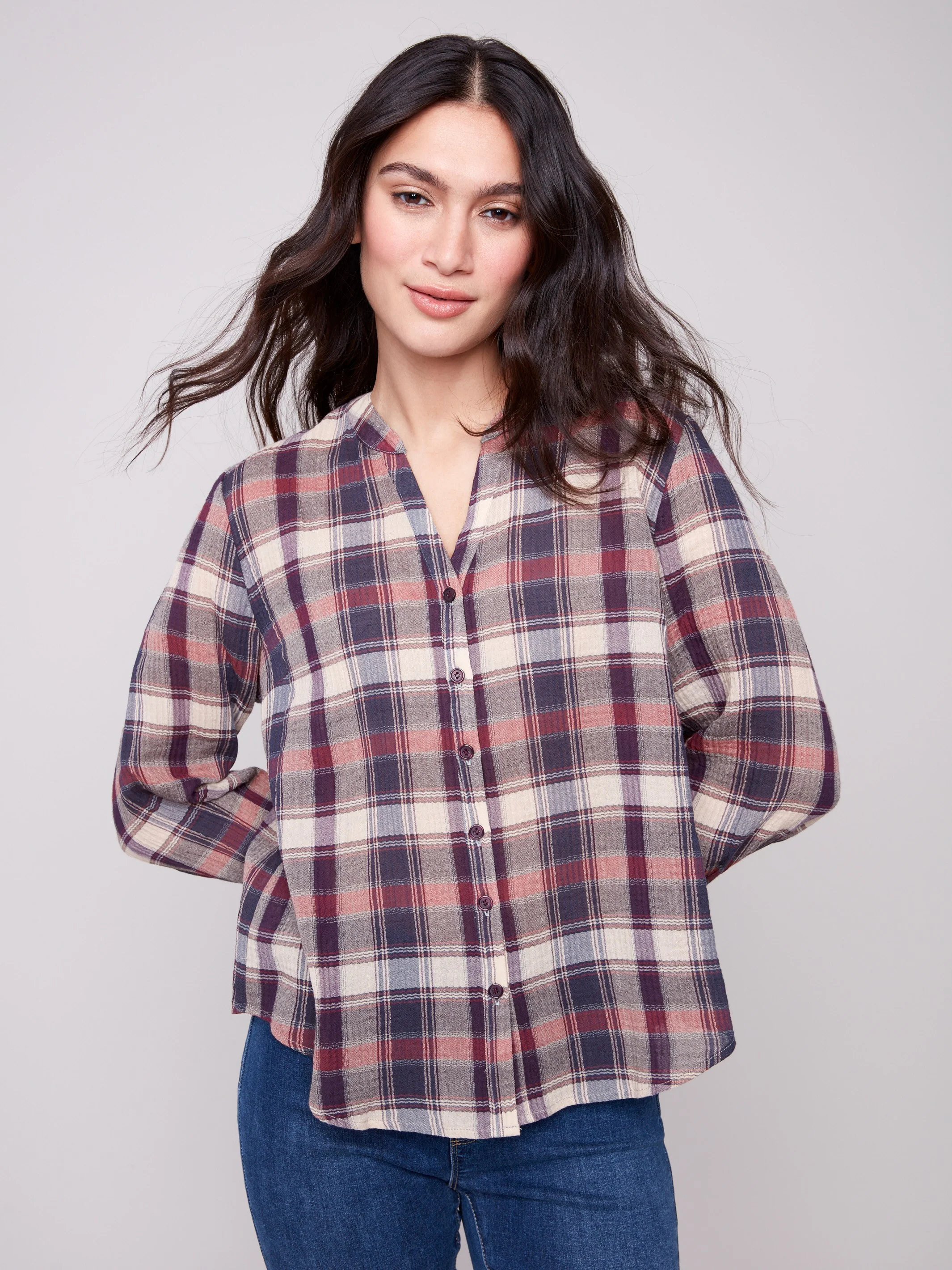 Plaid Bubble Gauze Button-Down Shirt - Berry - WHSBYS