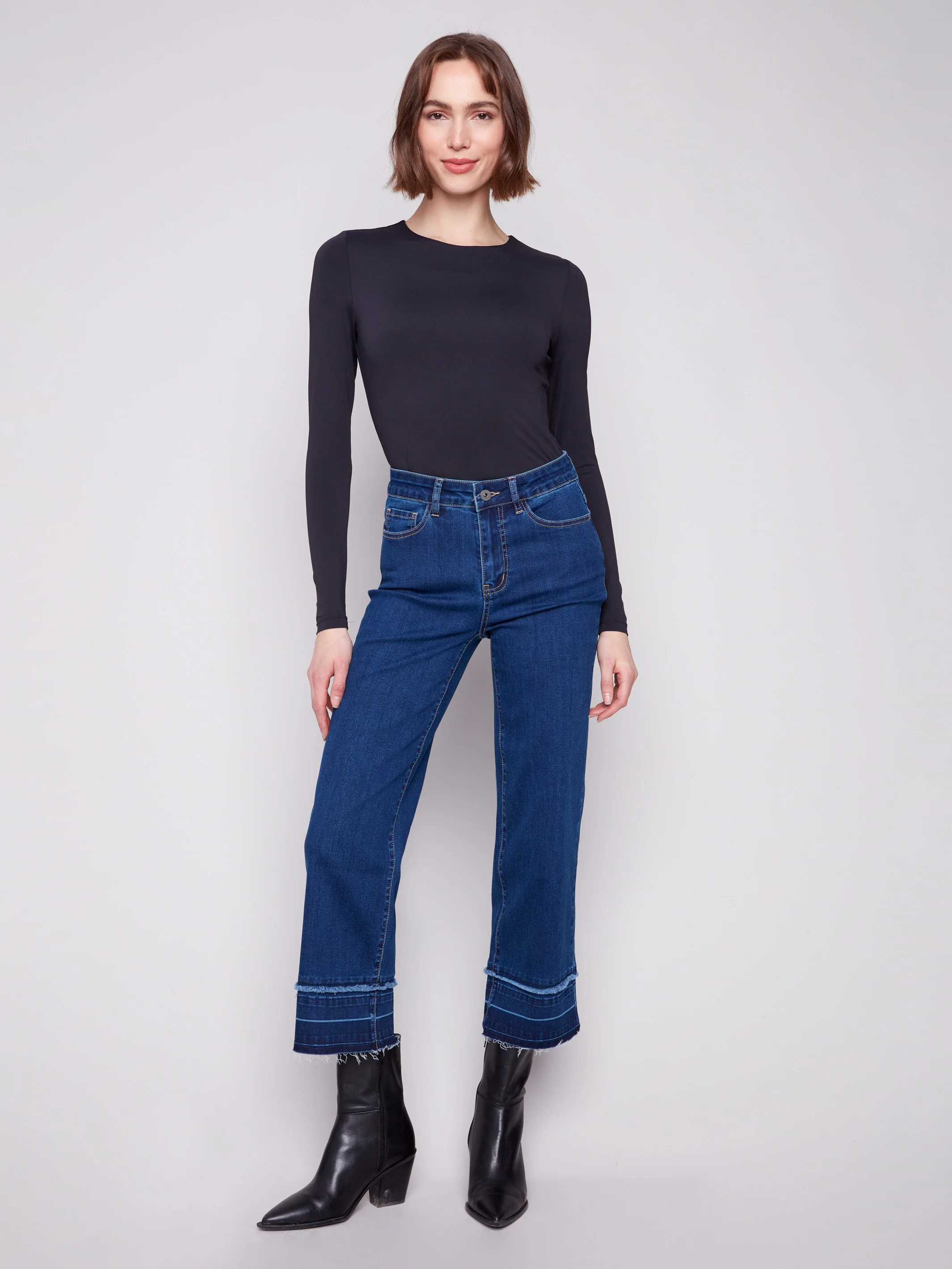 Flare Leg Jeans With Fringed Hem - Indigo - WHSBYS