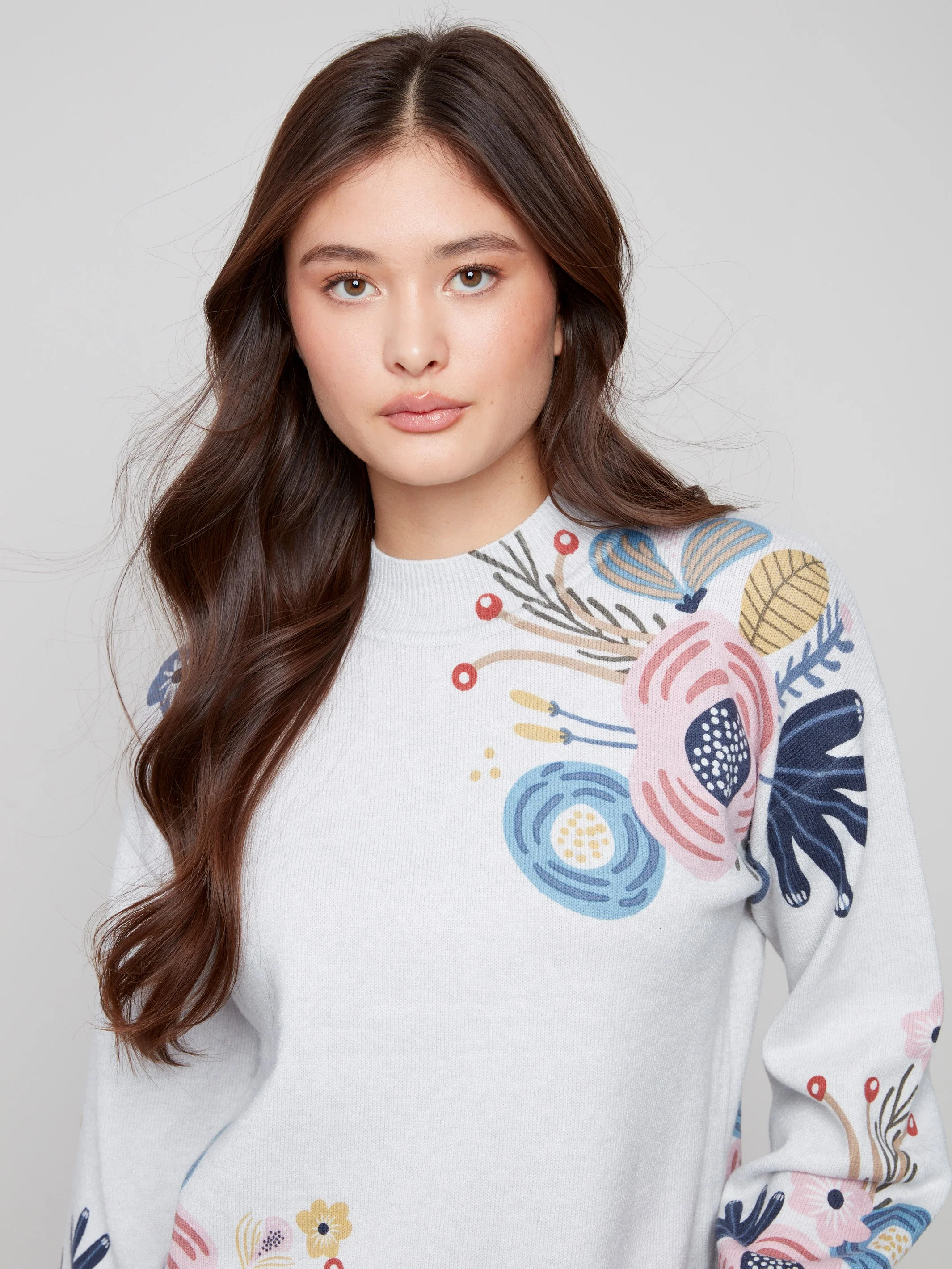 Printed Mock Neck Sweater - Heather Light Grey - WHSBYS