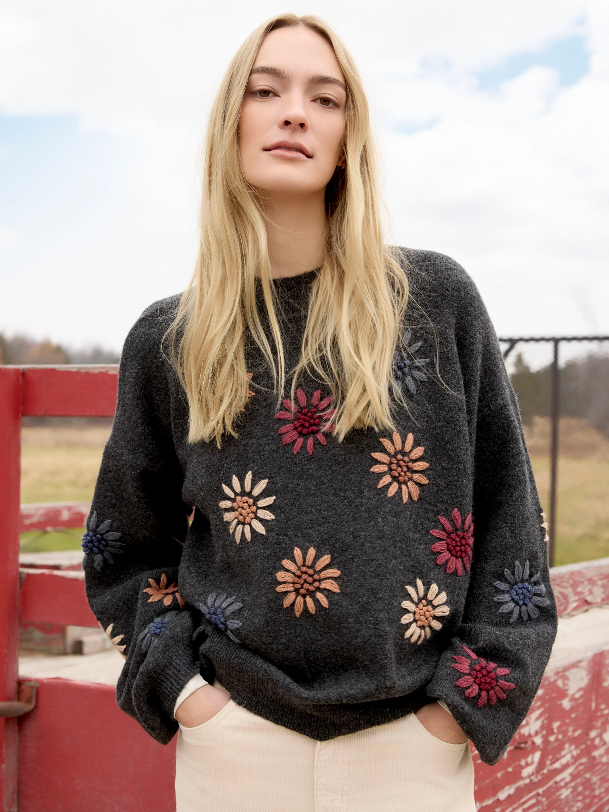 Mock Neck Sweater With Floral Embroidery - Heather Charcoal - WHSBYS