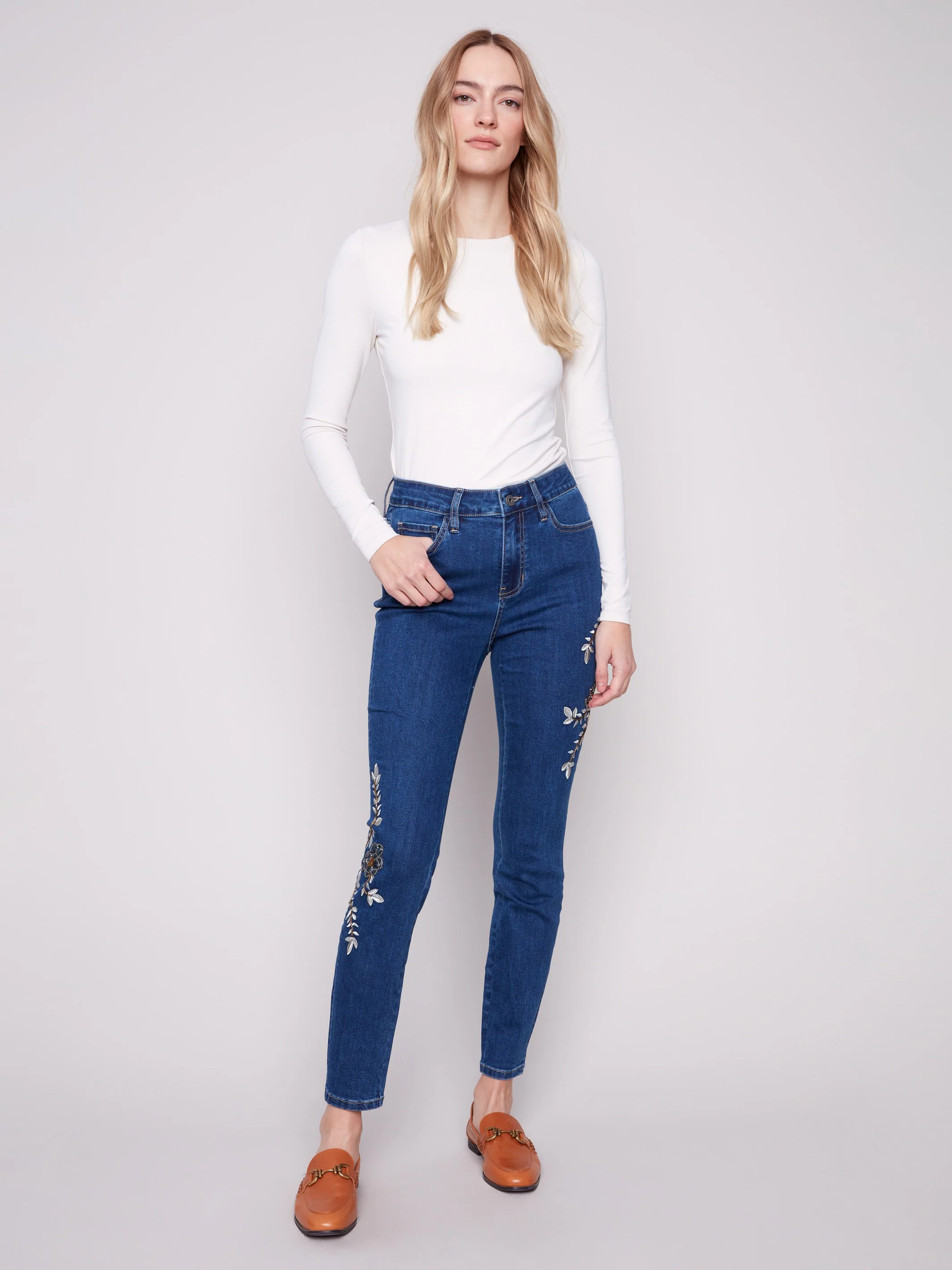Beaded Embroidered Skinny Jeans - Indigo - WHSBYS