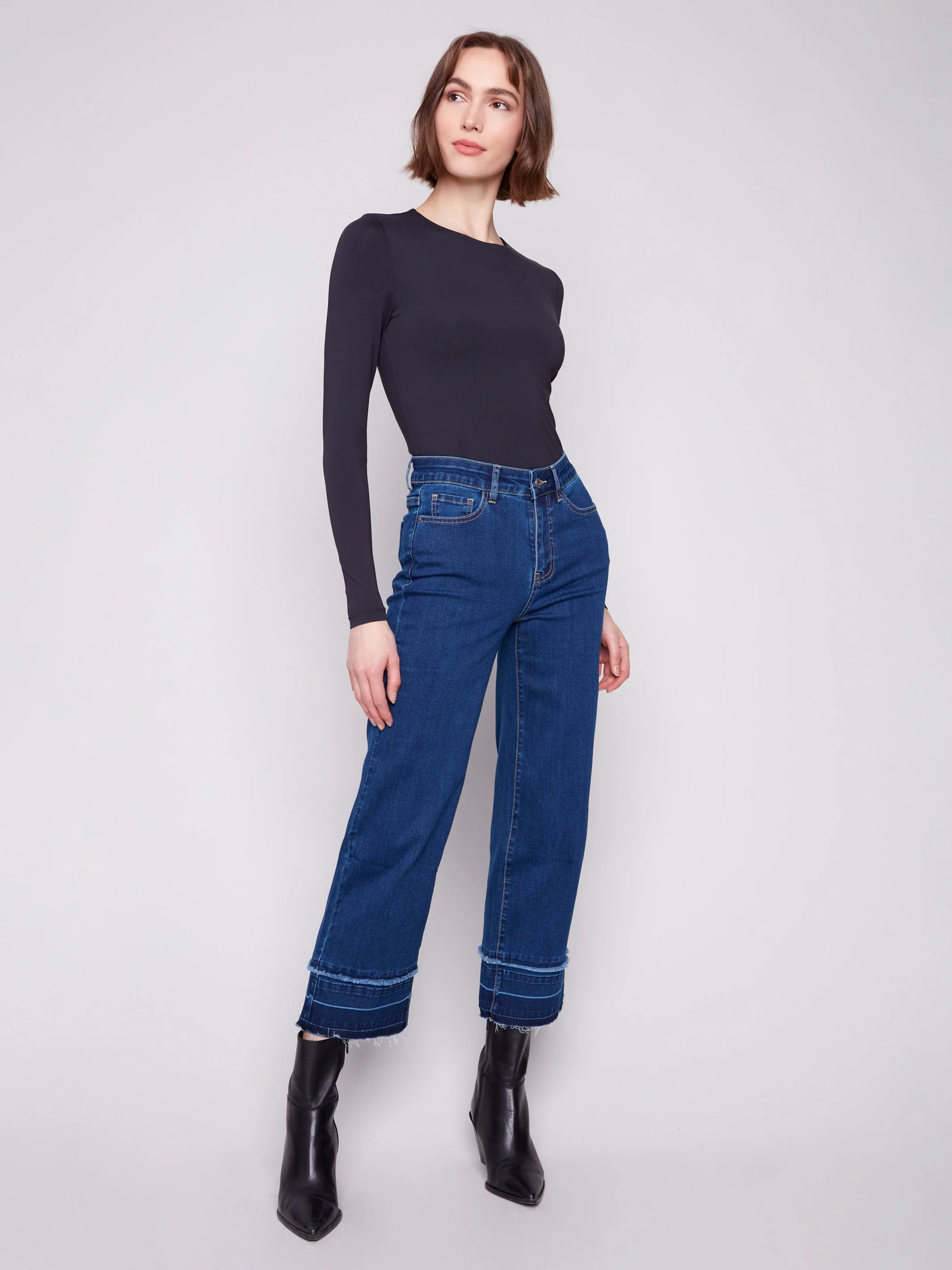 Flare Leg Jeans With Fringed Hem - Indigo - WHSBYS