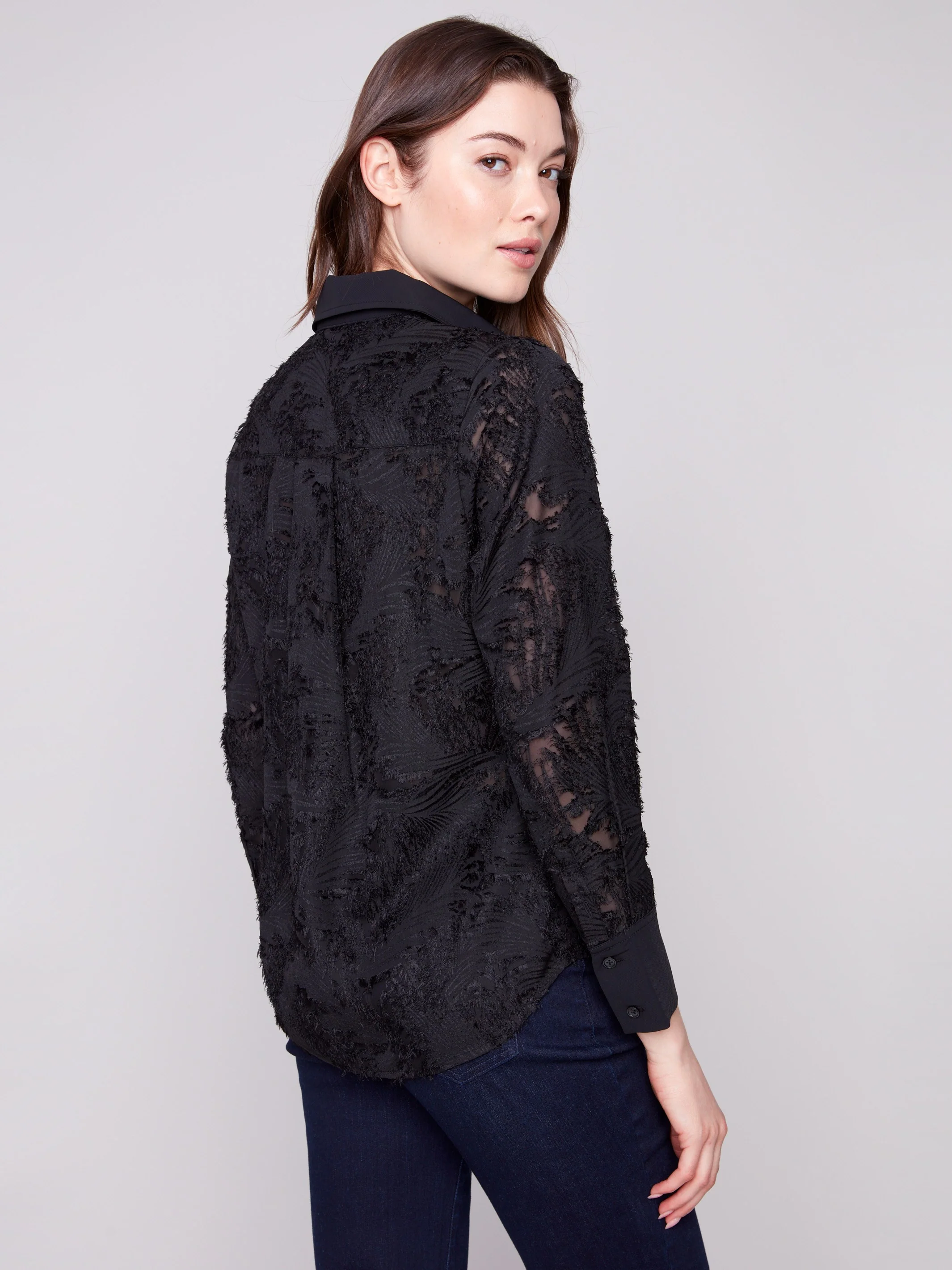 Semi-Sheer Button-Down Chiffon Shirt - Black - WHSBYS