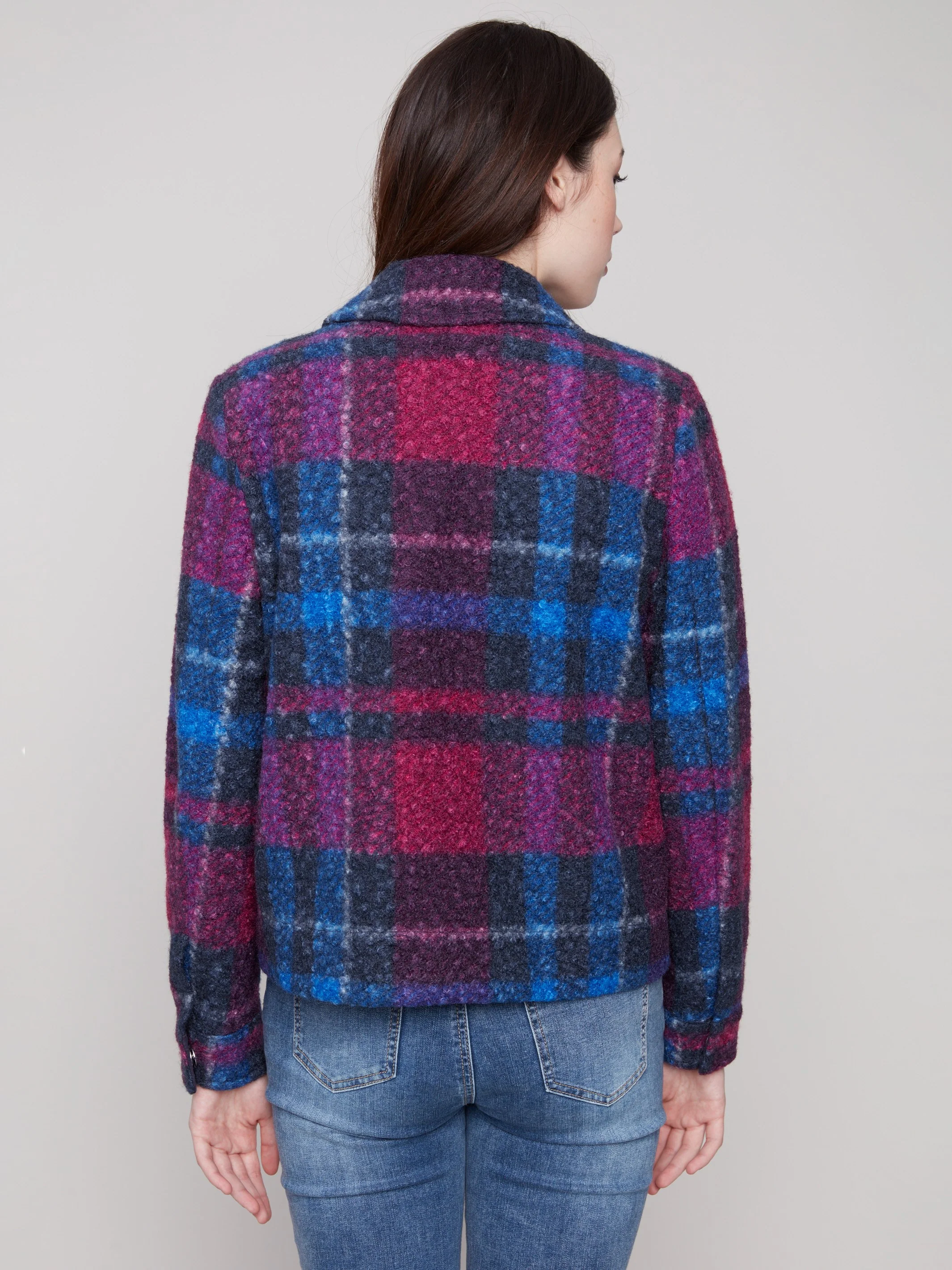 Plaid Bouclé Knit Short Coat - Navy - WHSBYS