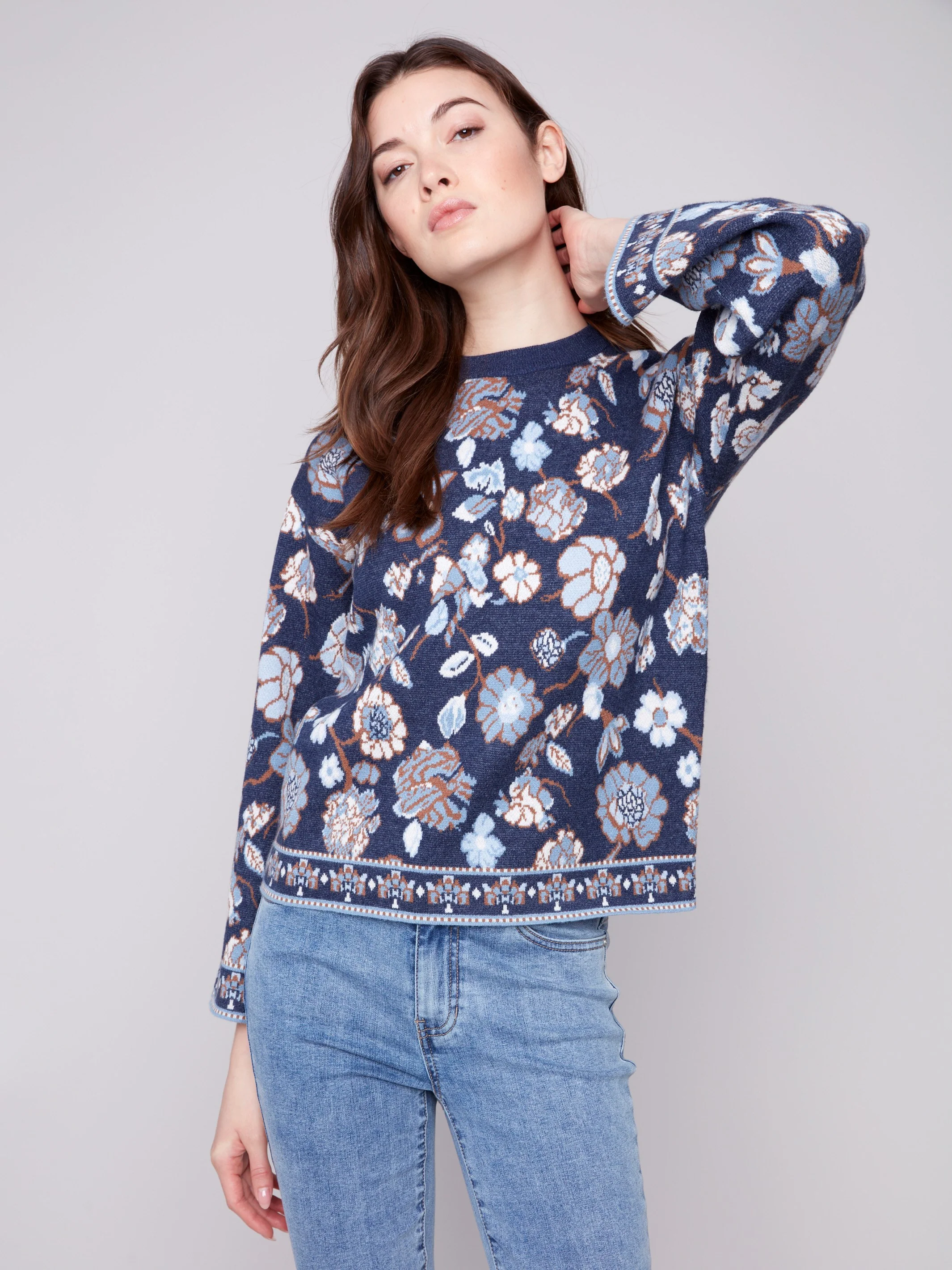 Crew Neck Jacquard Sweater - Floral - WHSBYS