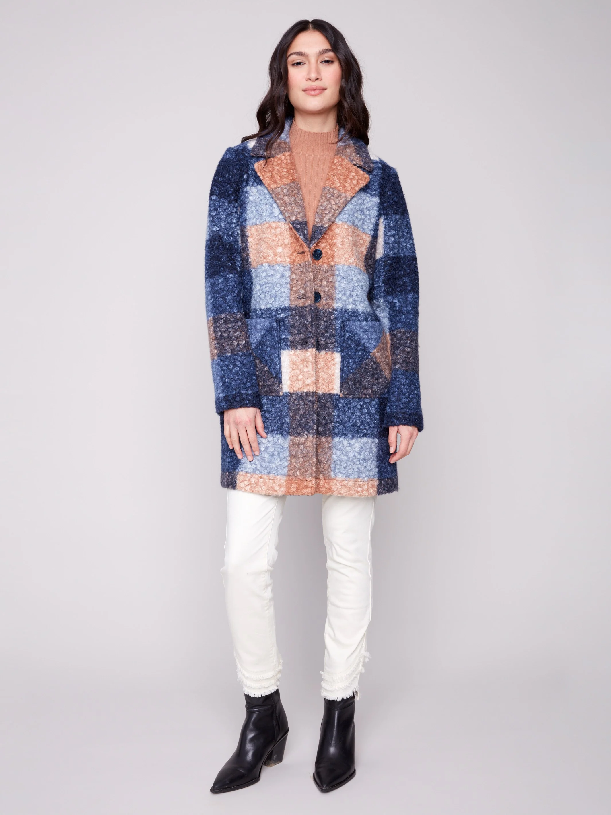 Plaid Bouclé Knit Coat - Moonlight - WHSBYS