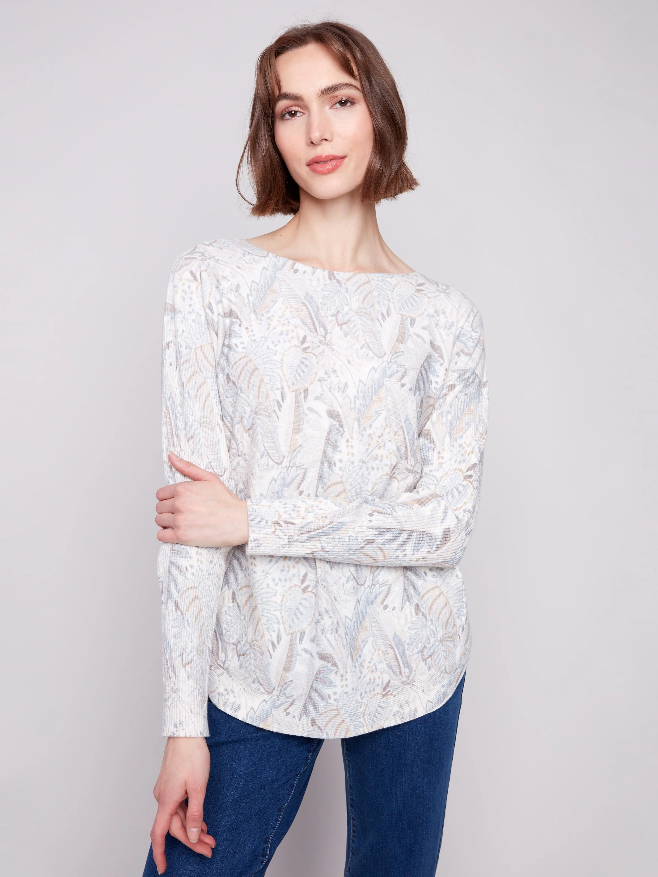 Printed Rounded Hem Sweater - Foliage - WHSBYS