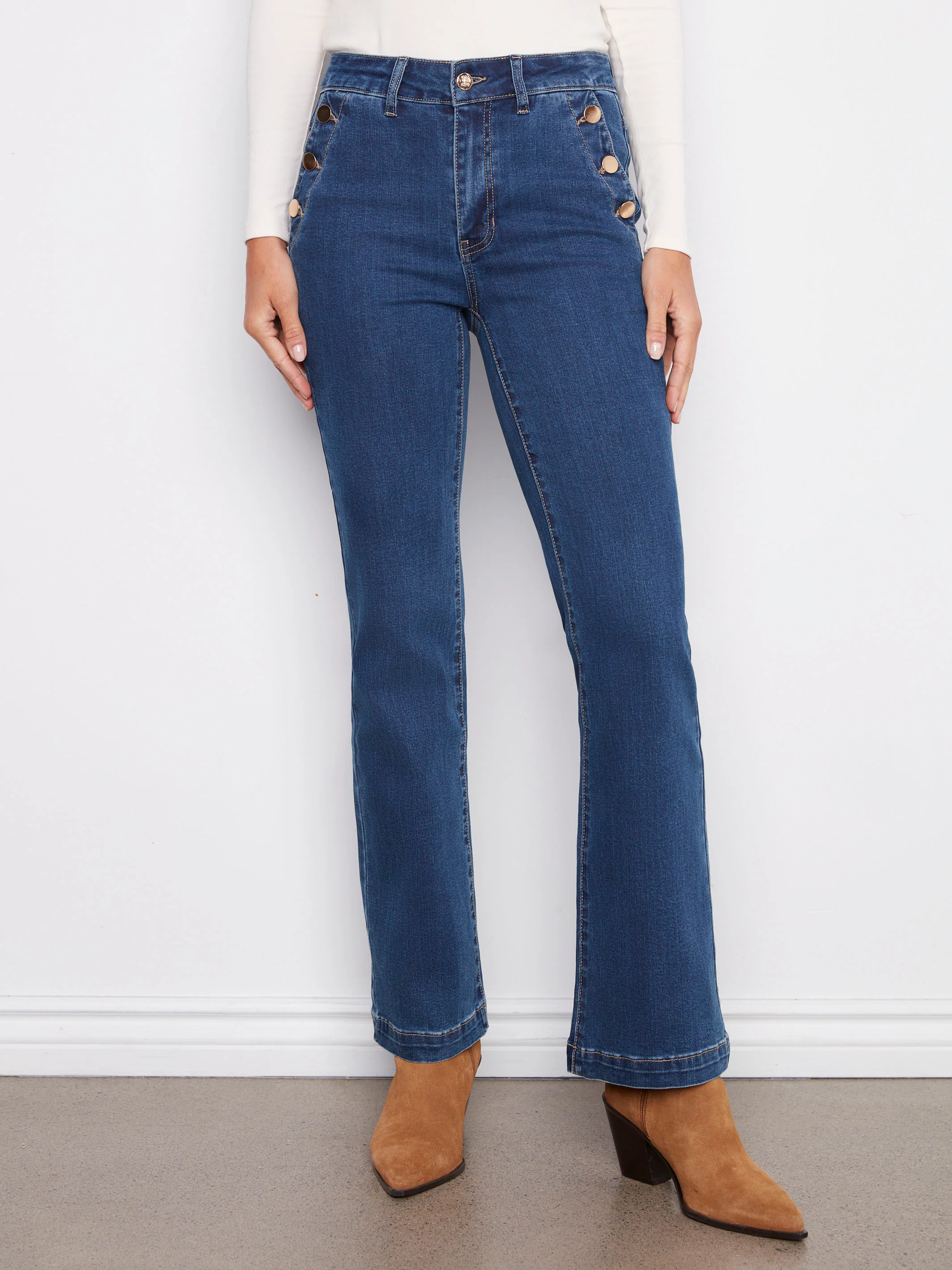 Flare Leg Stretch Jeans With Buttons - Indigo - WHSBYS