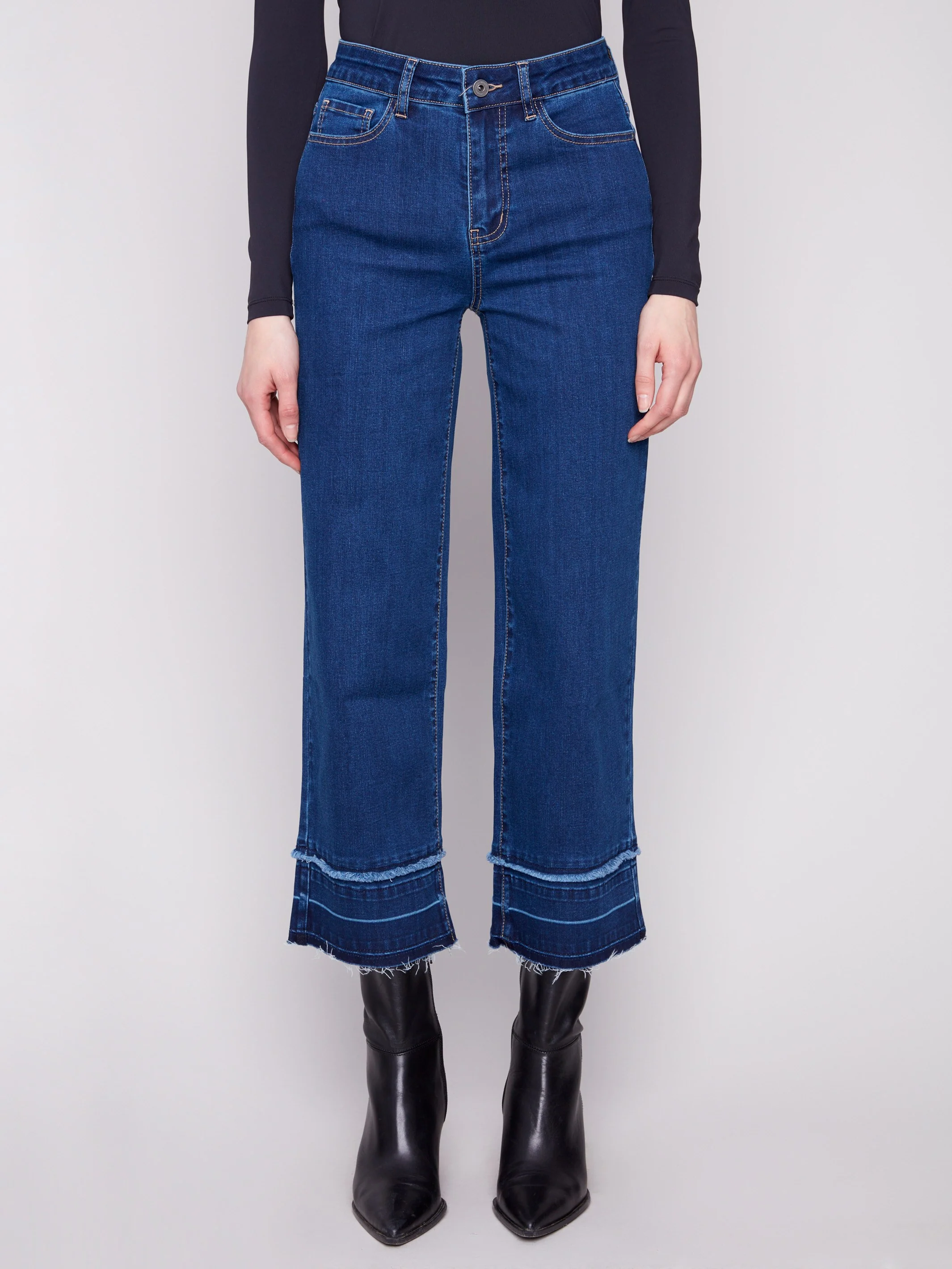 Flare Leg Jeans With Fringed Hem - Indigo - WHSBYS