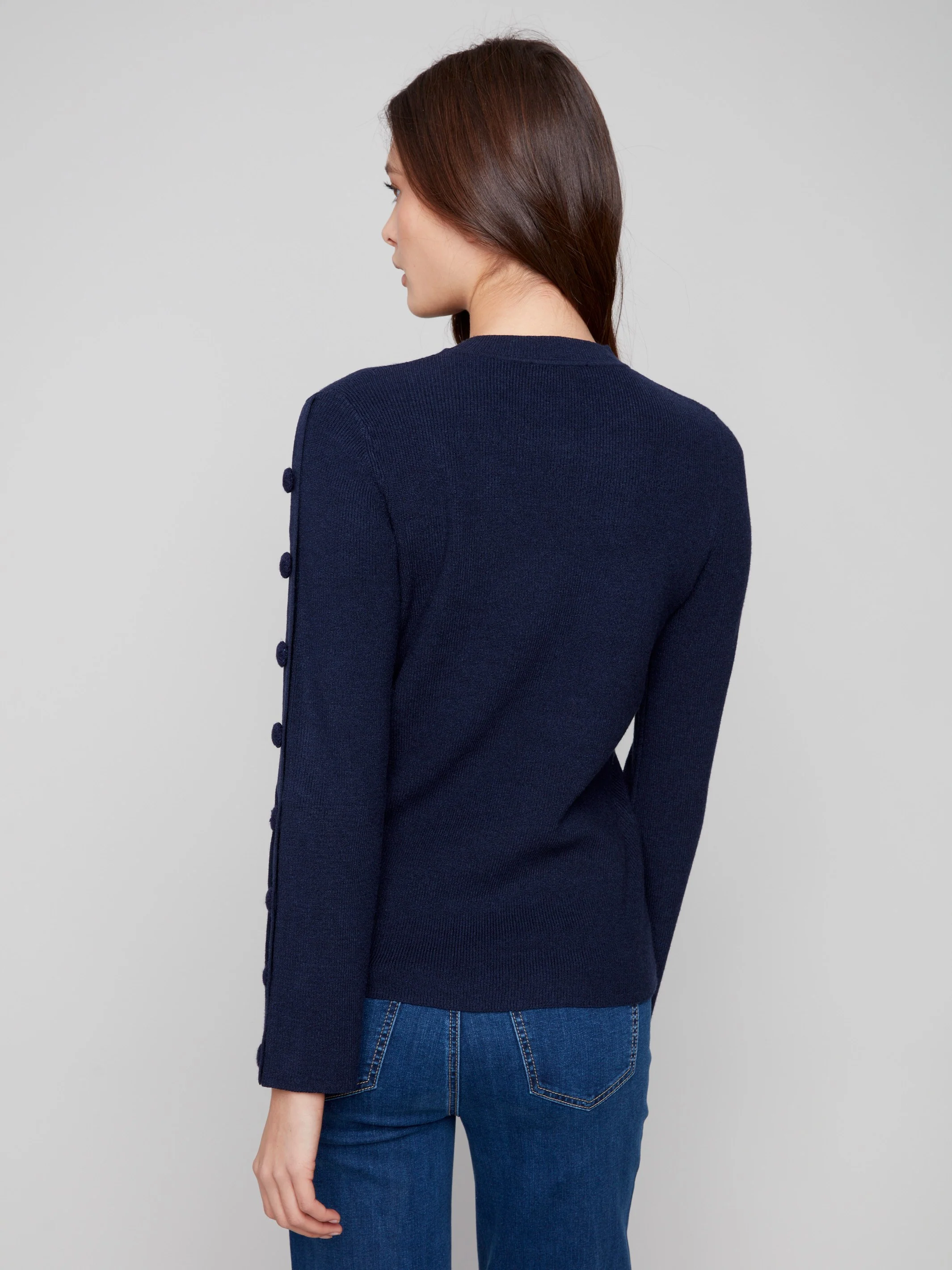 Ribbed Crew Neck Sweater With Buttons Details - Navy - WHSBYS
