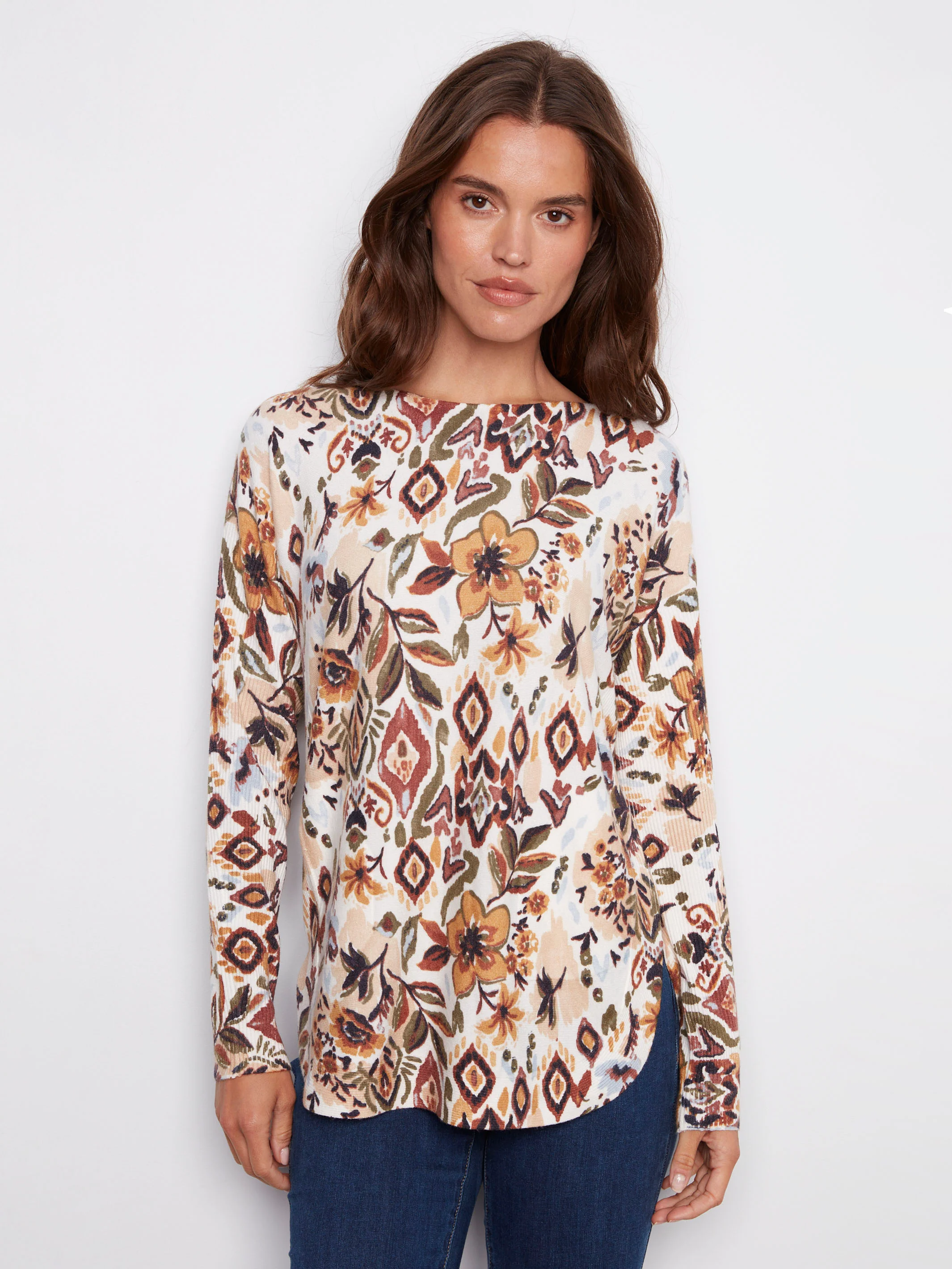 Printed Rounded Hem Sweater - Jacobean - WHSBYS