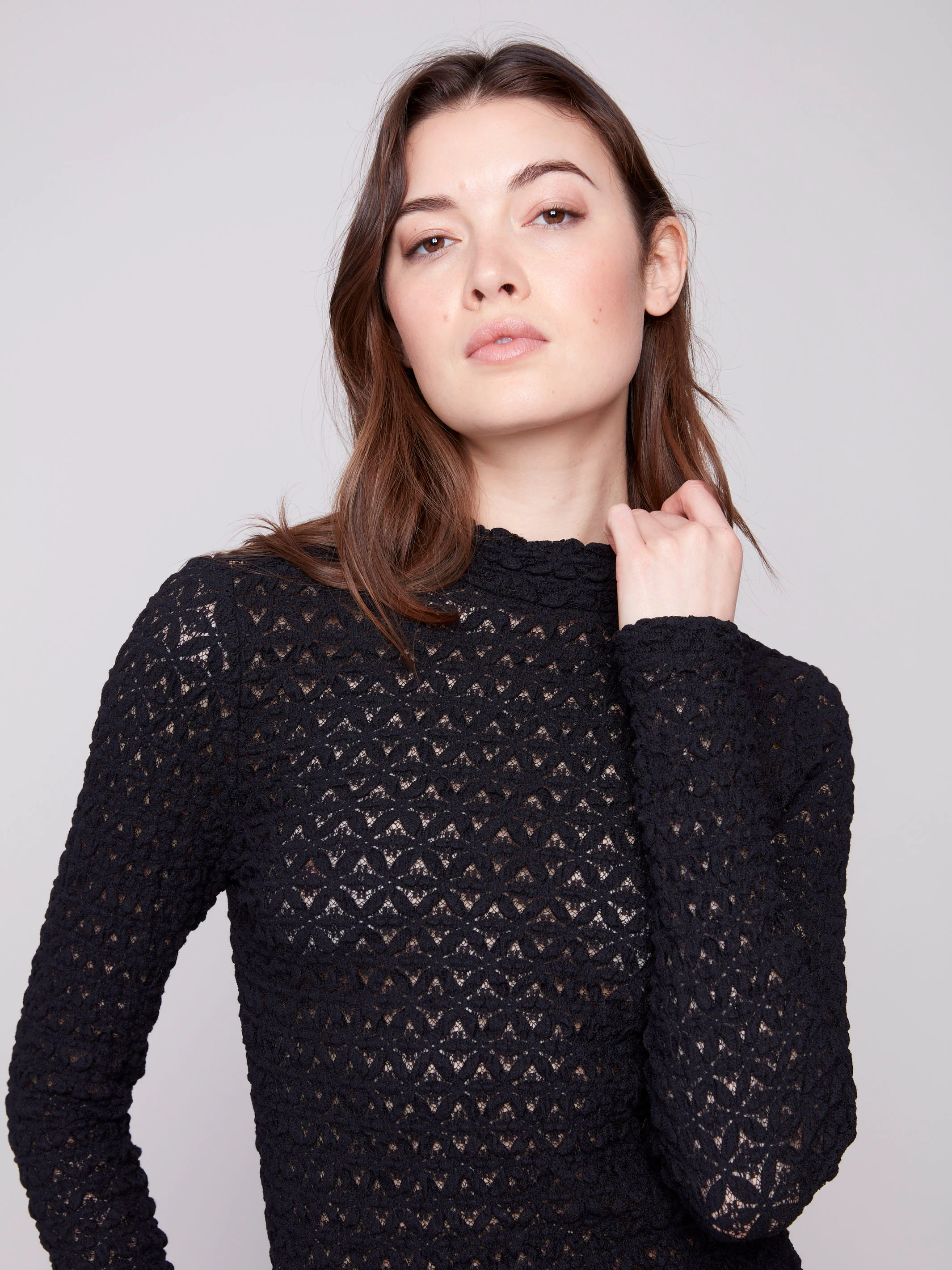Lace Mock Neck Top - Black - WHSBYS