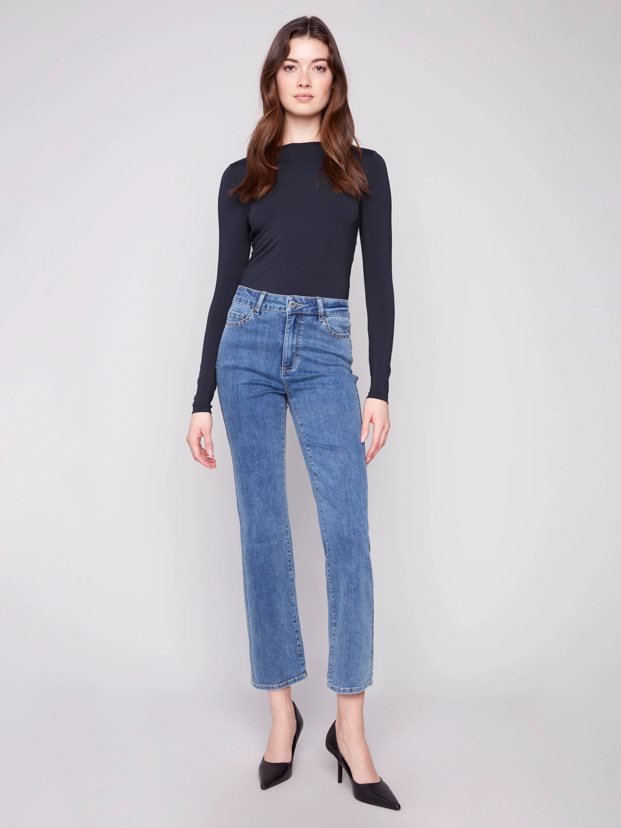 Straight Leg Jeans With Side Studs - Medium Blue - WHSBYS