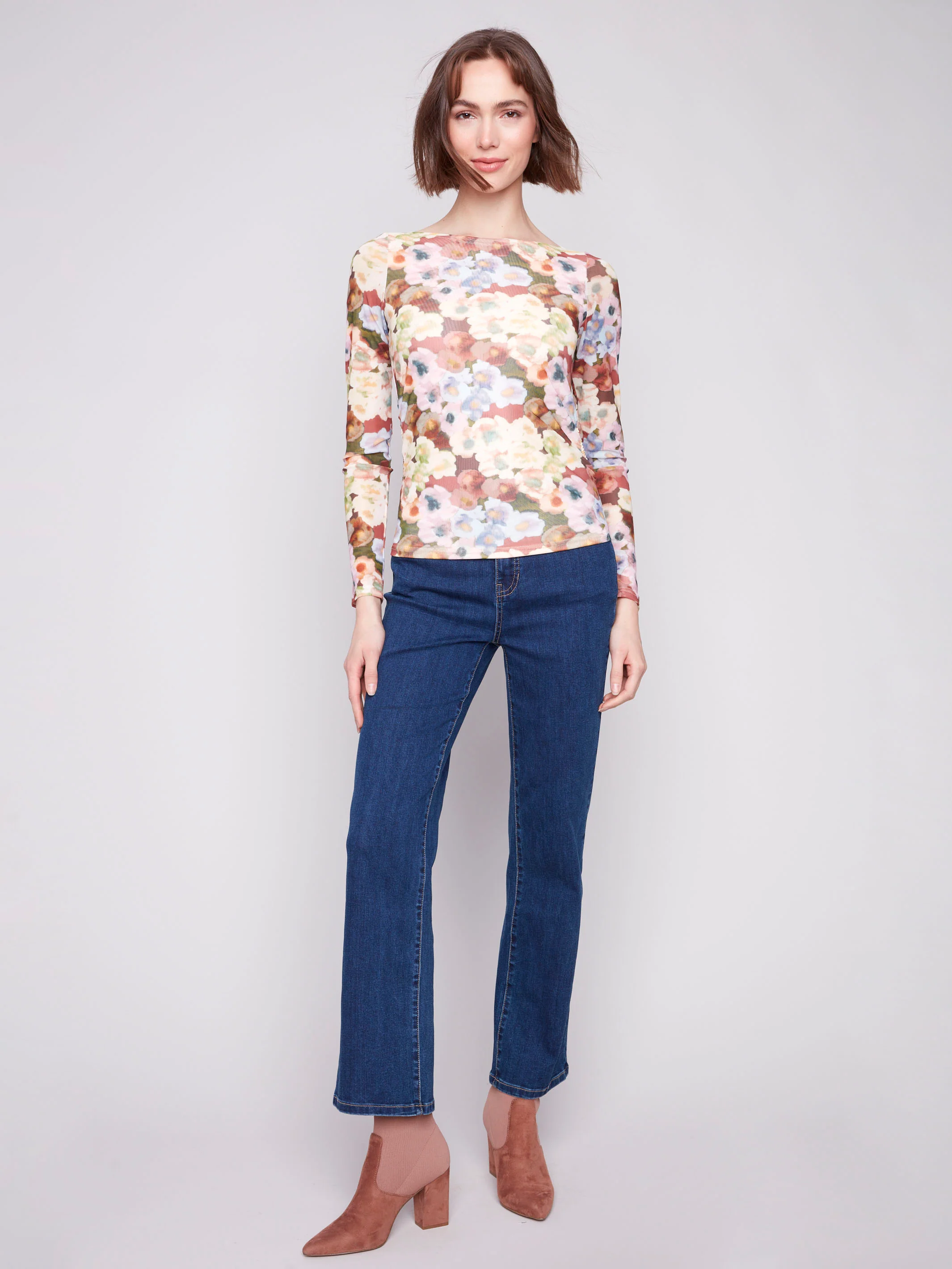 Printed Ruched Mesh Top - Botanical - WHSBYS