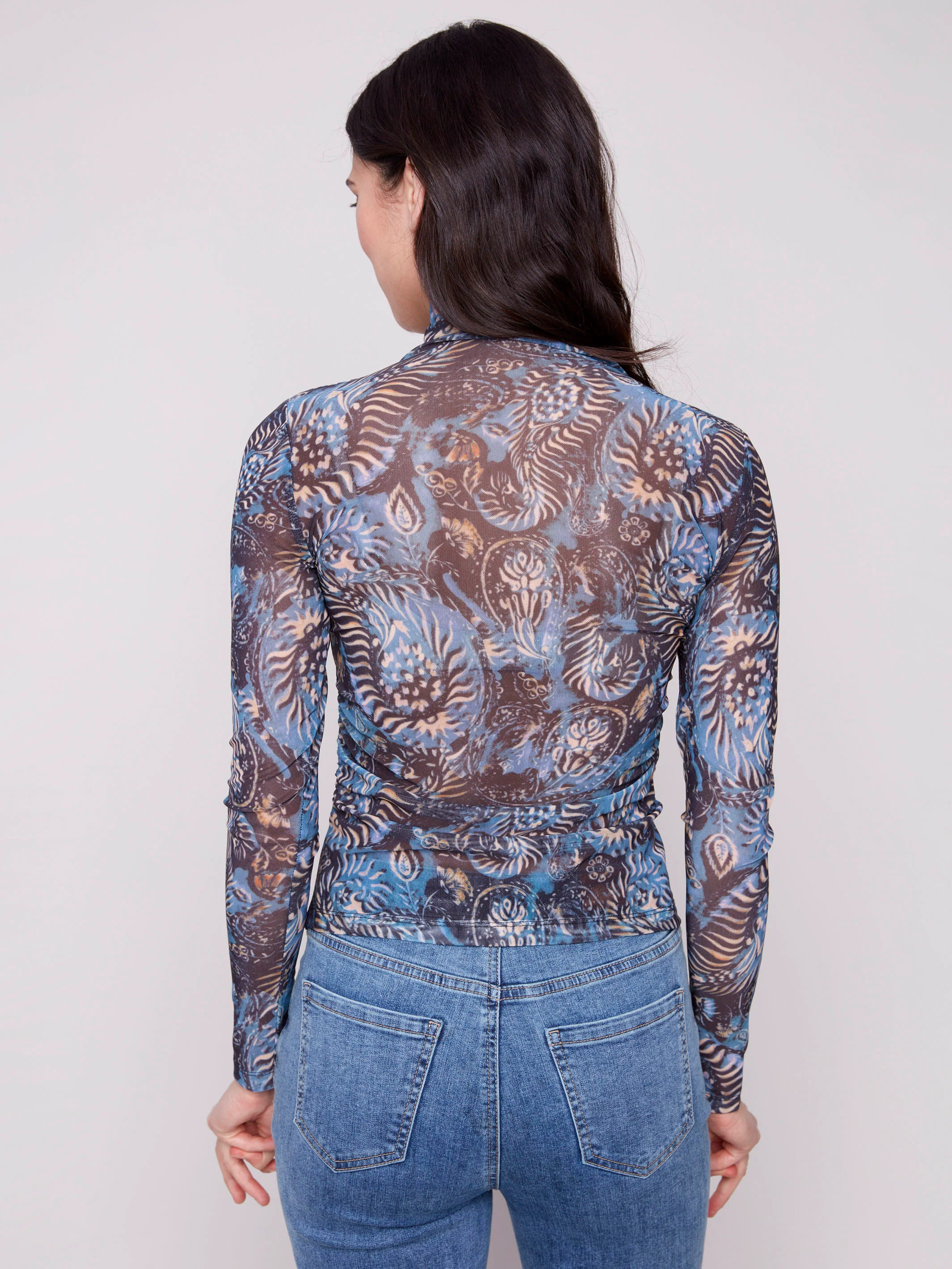 Printed Mock Neck Mesh Top - Midnight - WHSBYS