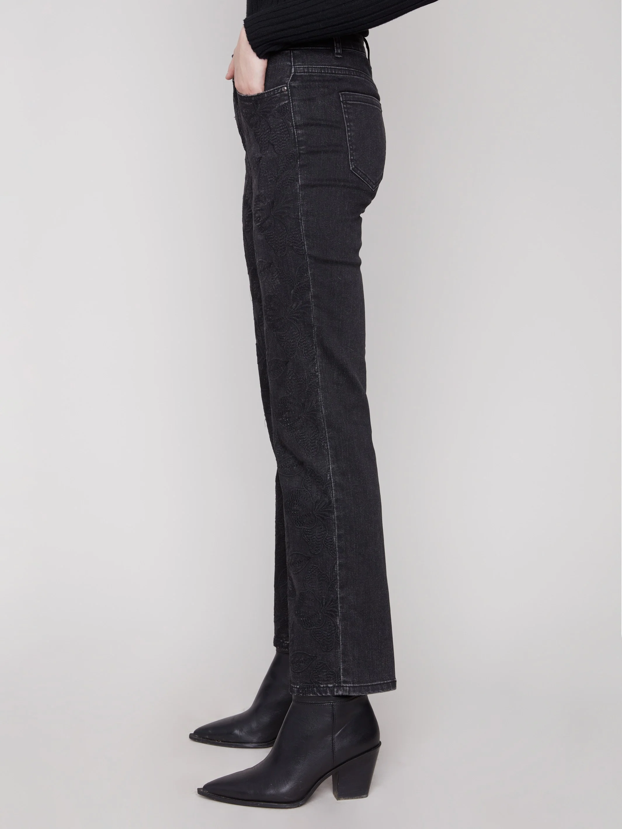 Embroidered Straight Leg Jeans - Charcoal - WHSBYS