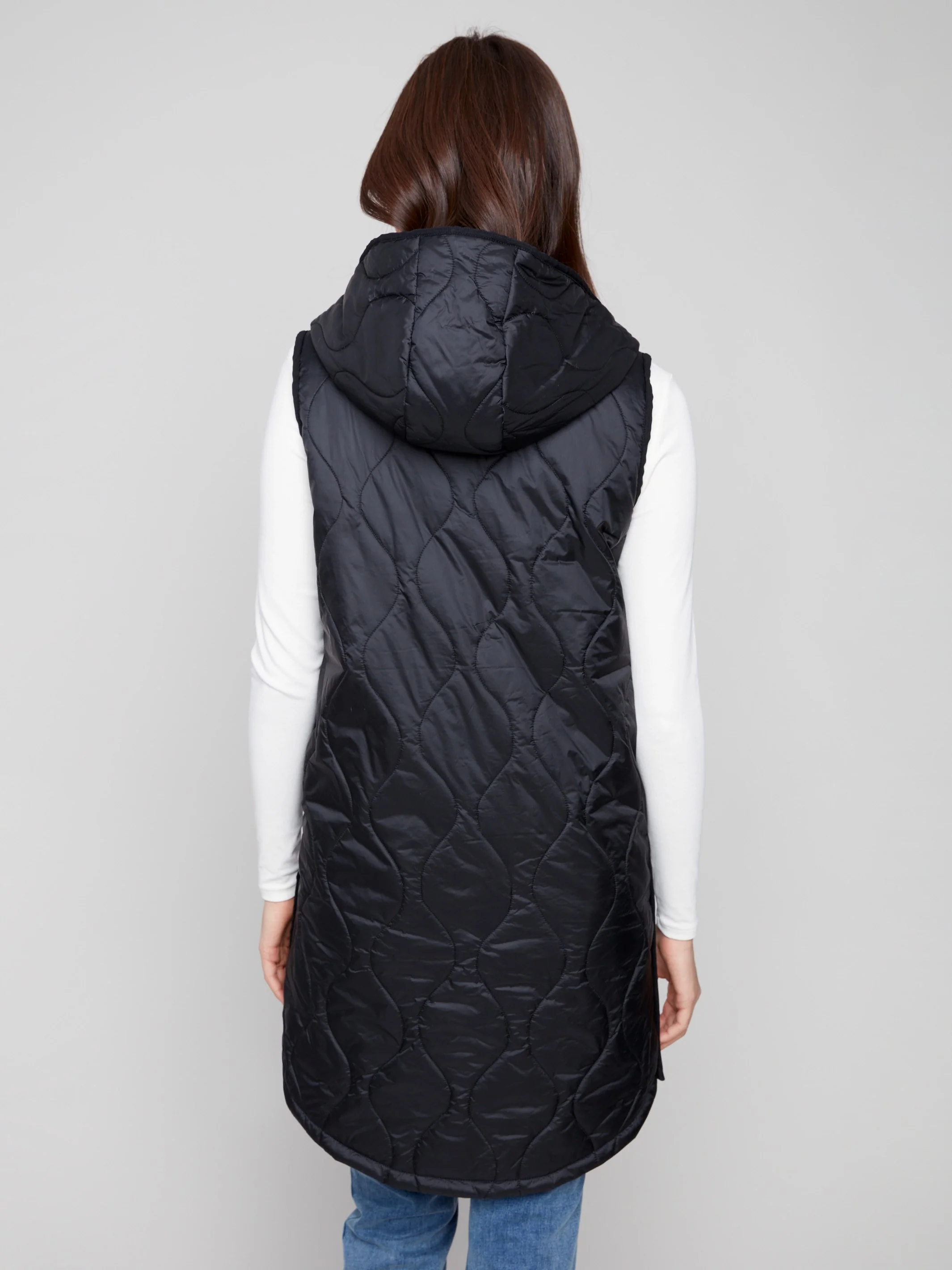 Pearlized Long Hooded Vest - Black - WHSBYS