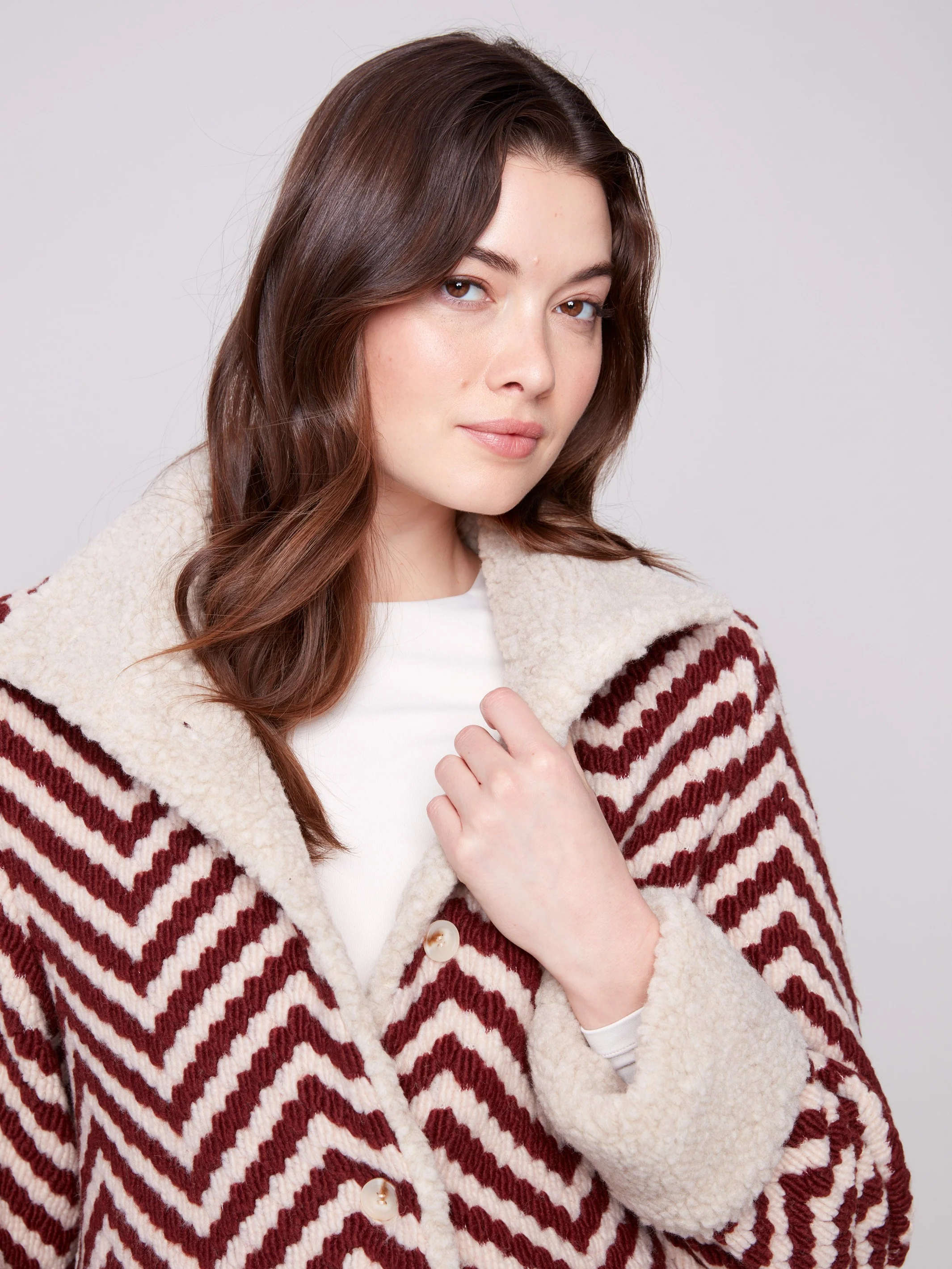 Chevron Bouclé Short Jacket With Sherpa Trim - Cabernet - WHSBYS