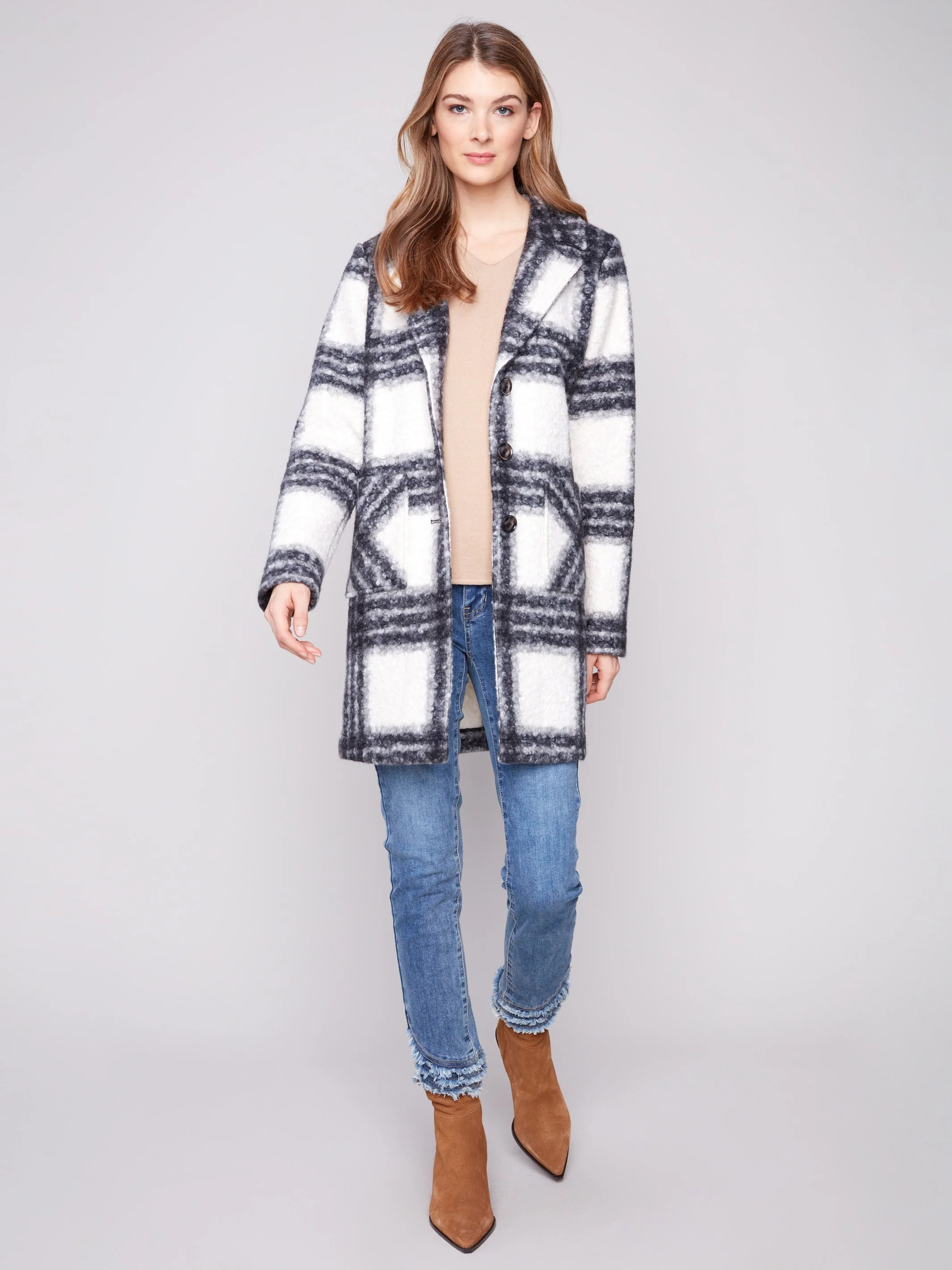 Plaid Bouclé Knit Coat - Black & White - WHSBYS