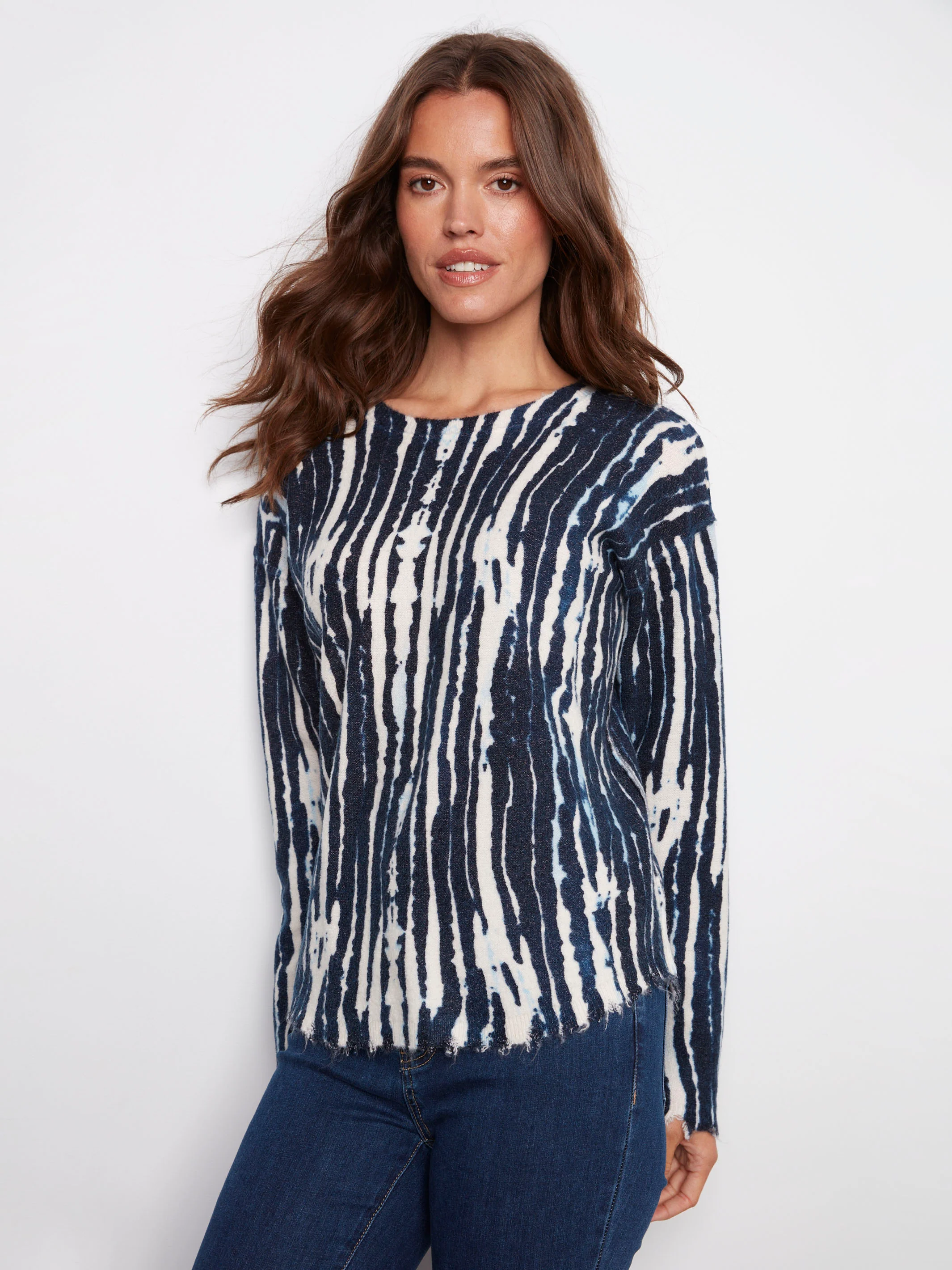 Reversible Printed Plush Sweater With Frayed Edges - Stream - WHSBYS
