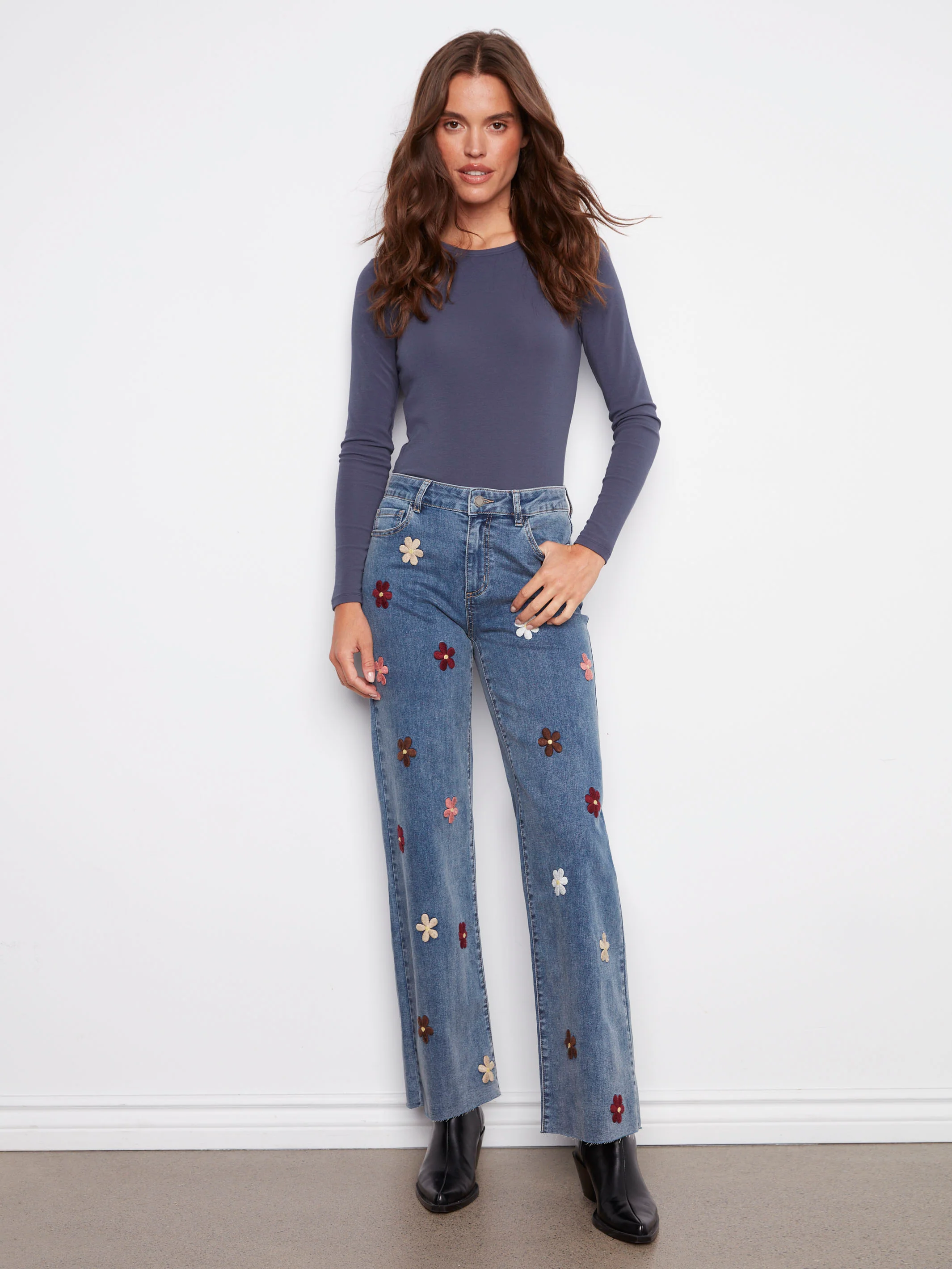 Wide Leg Jeans With Flower Patches - Medium Blue - WHSBYS