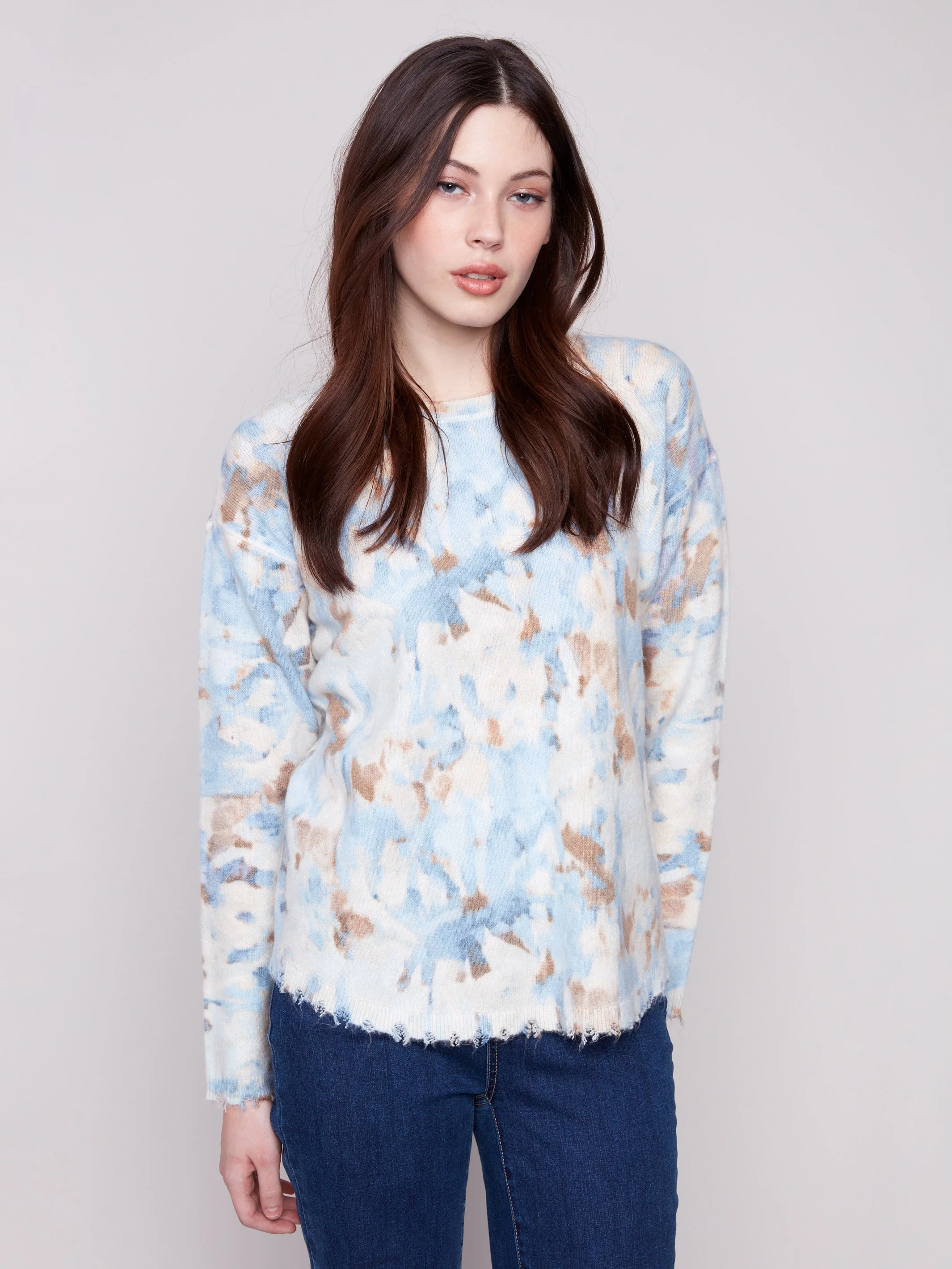 Reversible Printed Plush Sweater With Frayed Edges - Vapor - WHSBYS