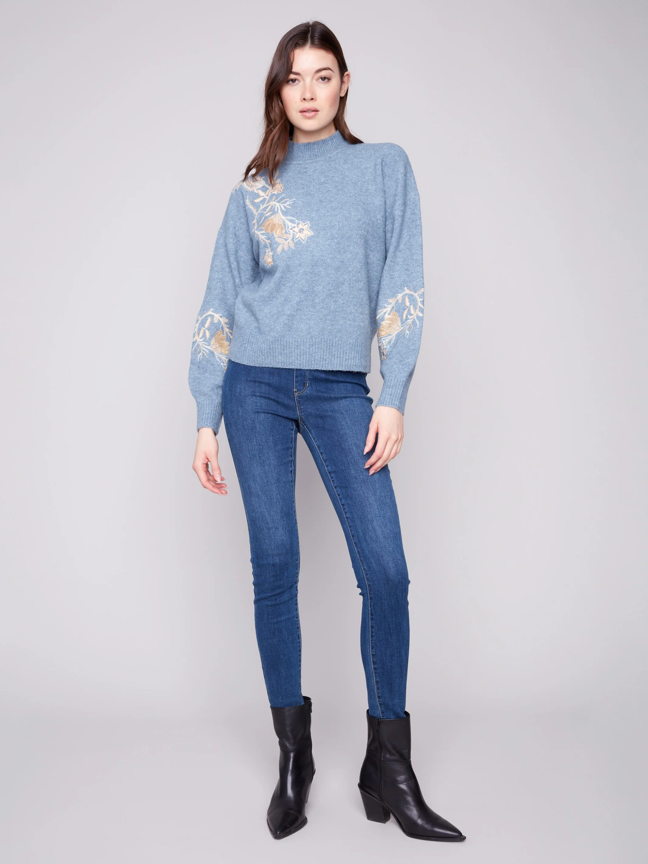 Mock Neck Sweater with Sequin Detail - Heather Denim - WHSBYS