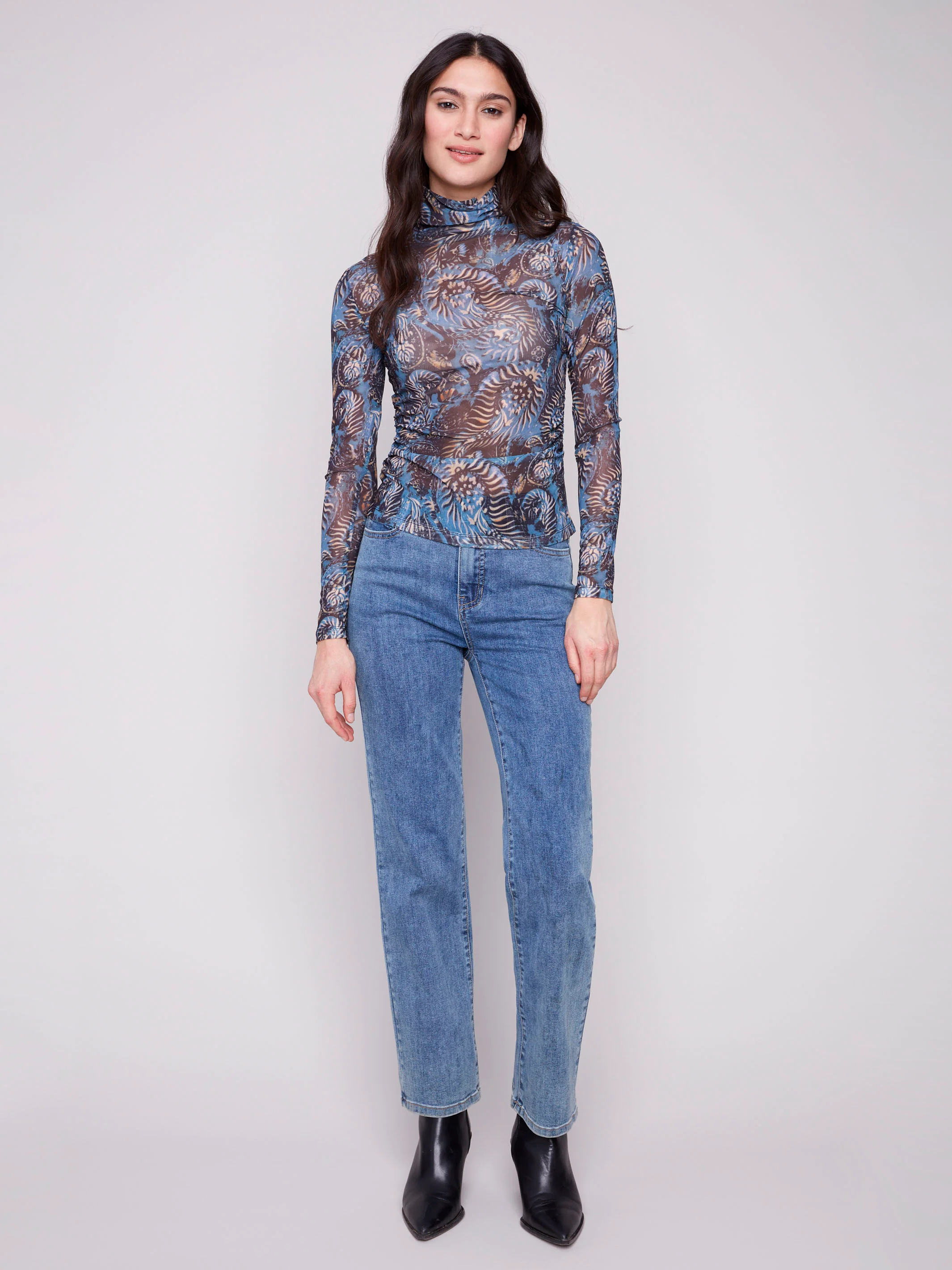 Printed Mock Neck Mesh Top - Midnight - WHSBYS