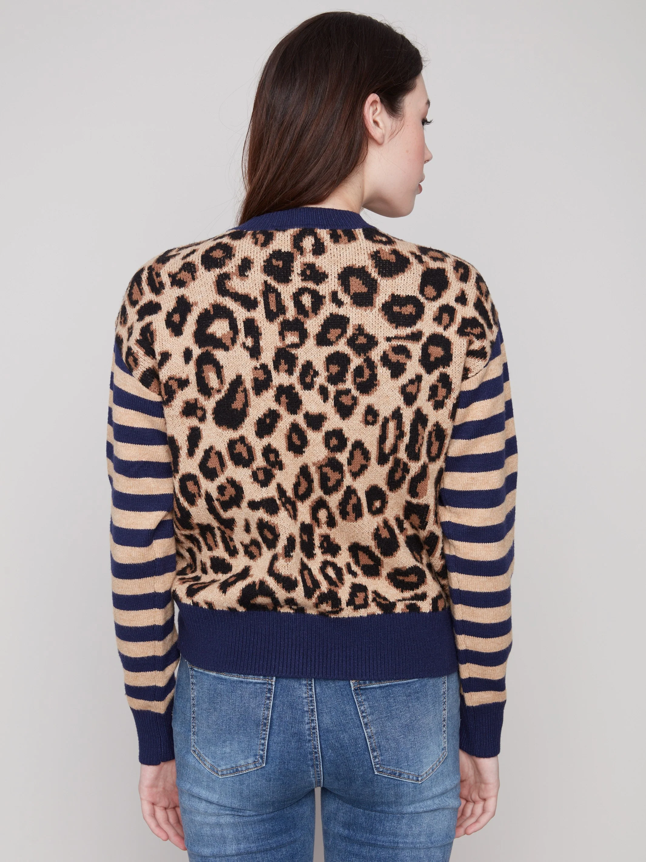 Crew Neck Sweater With Striped Sleeves - Leopard - WHSBYS