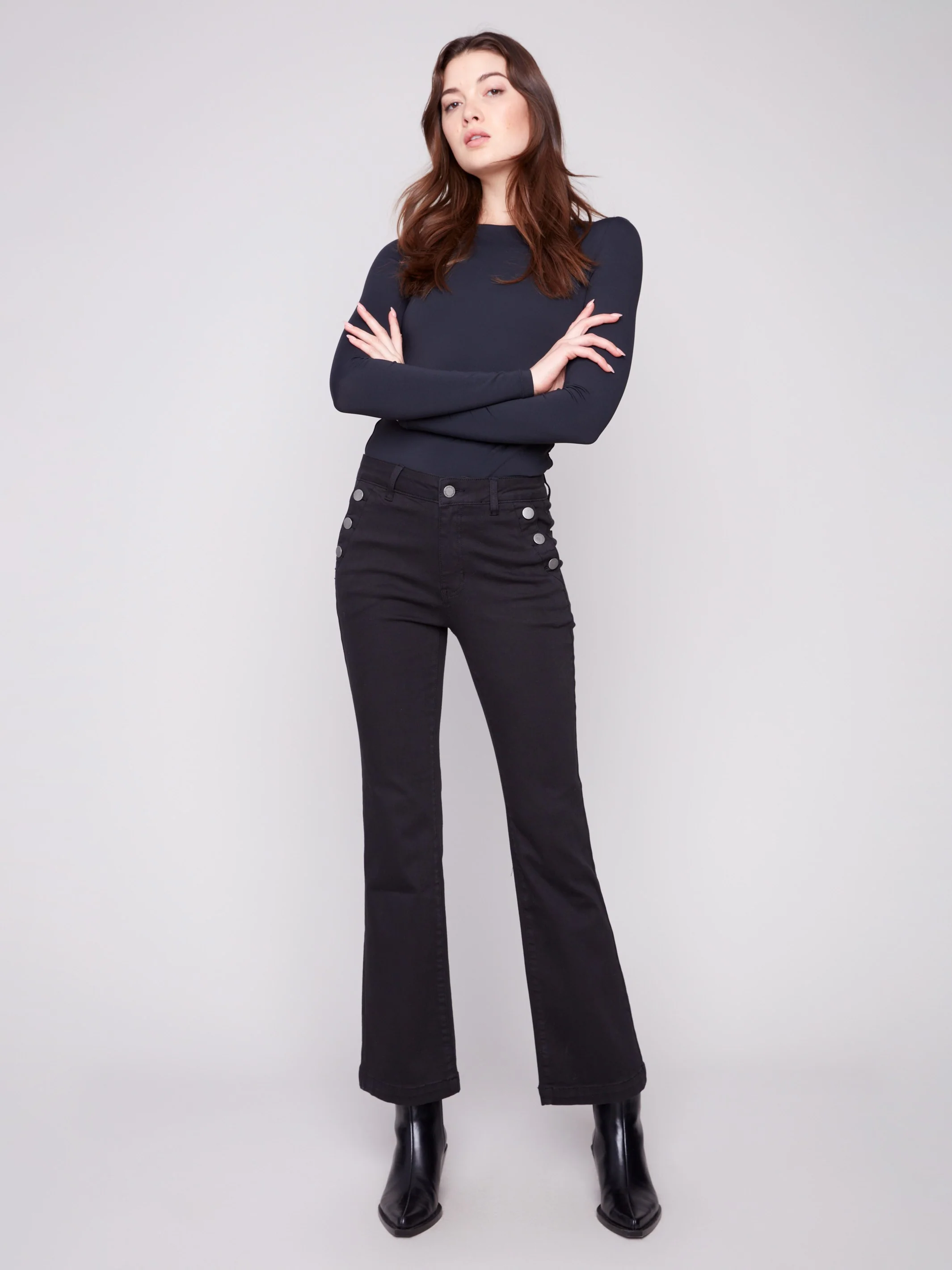 Flare Leg Stretch Twill Pants With Buttons - Black - WHSBYS
