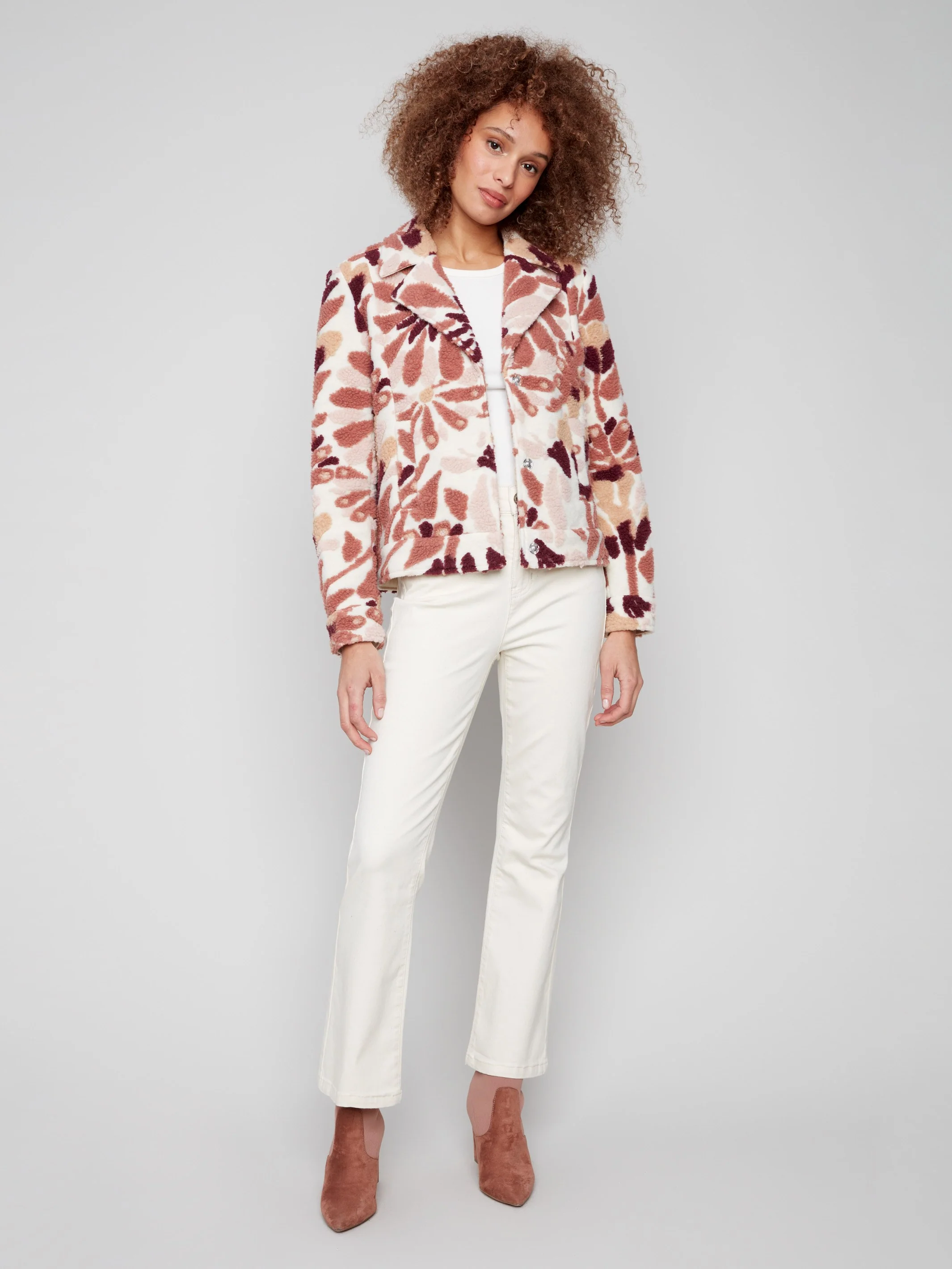 Floral Sherpa Fleece Short Coat - Cabernet - WHSBYS