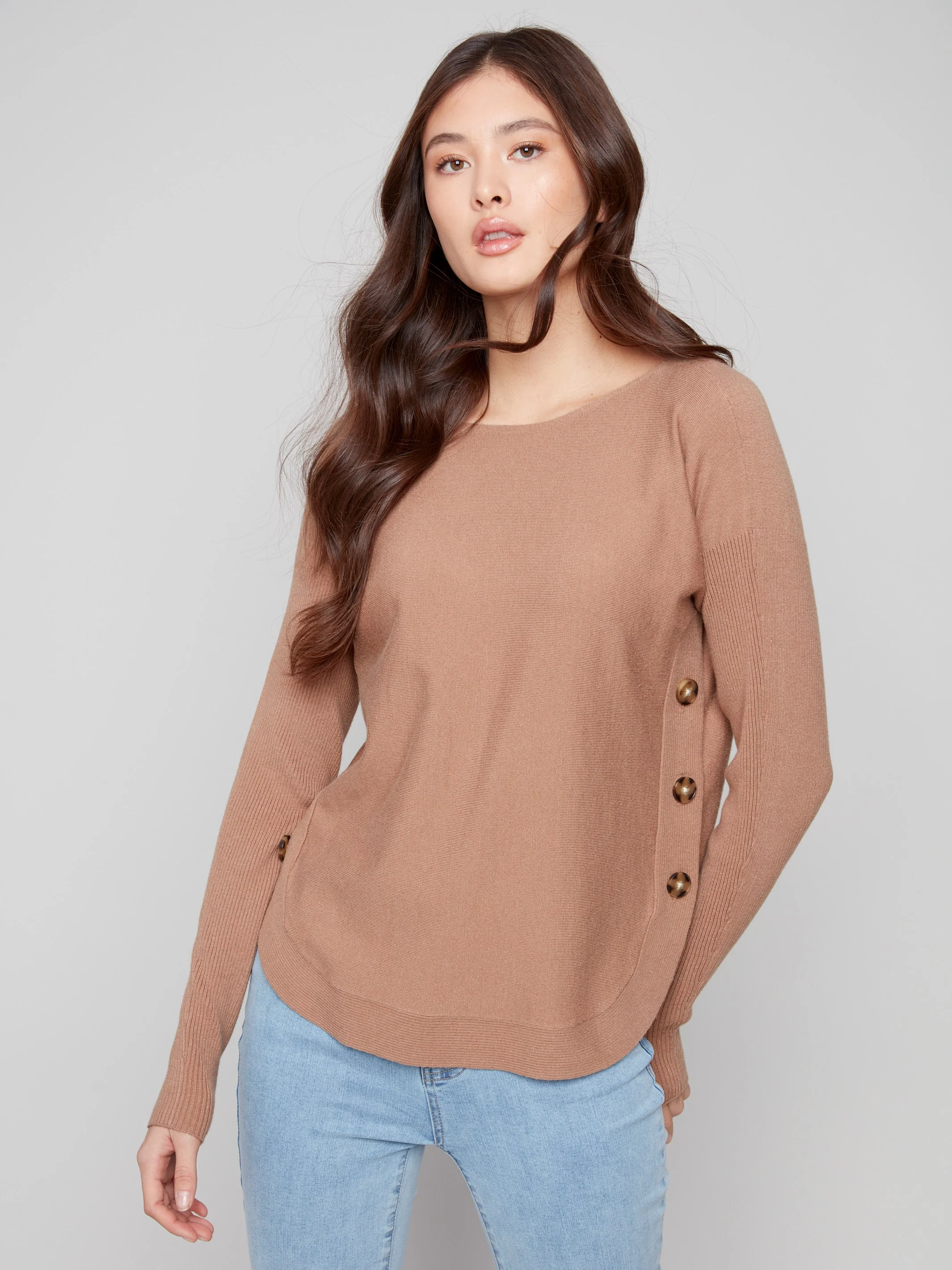 Boat Neck Sweater With Side Buttons - Truffle - WHSBYS