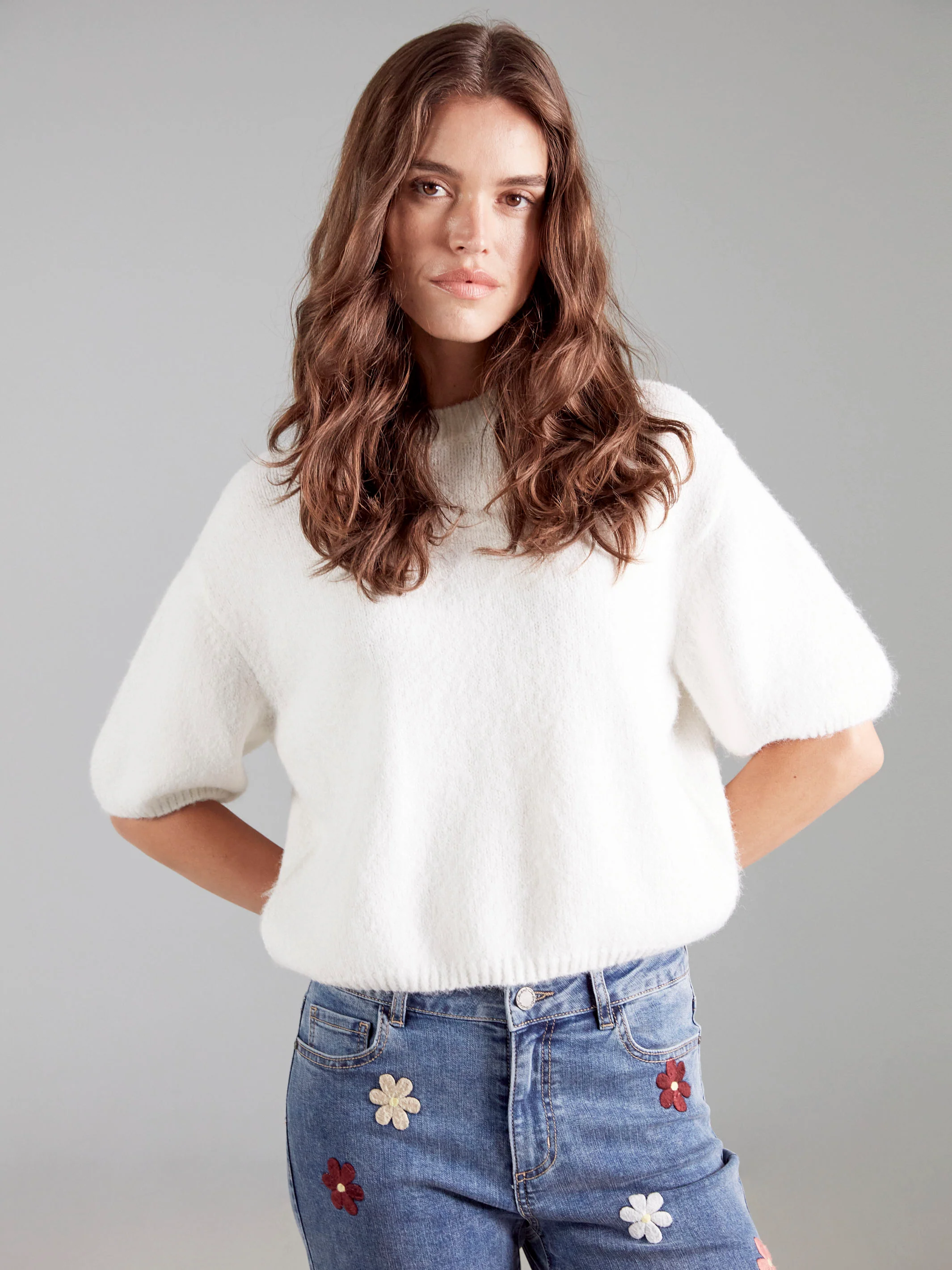 Balloon Elbow Sleeve Knit Sweater - Ecru - WHSBYS