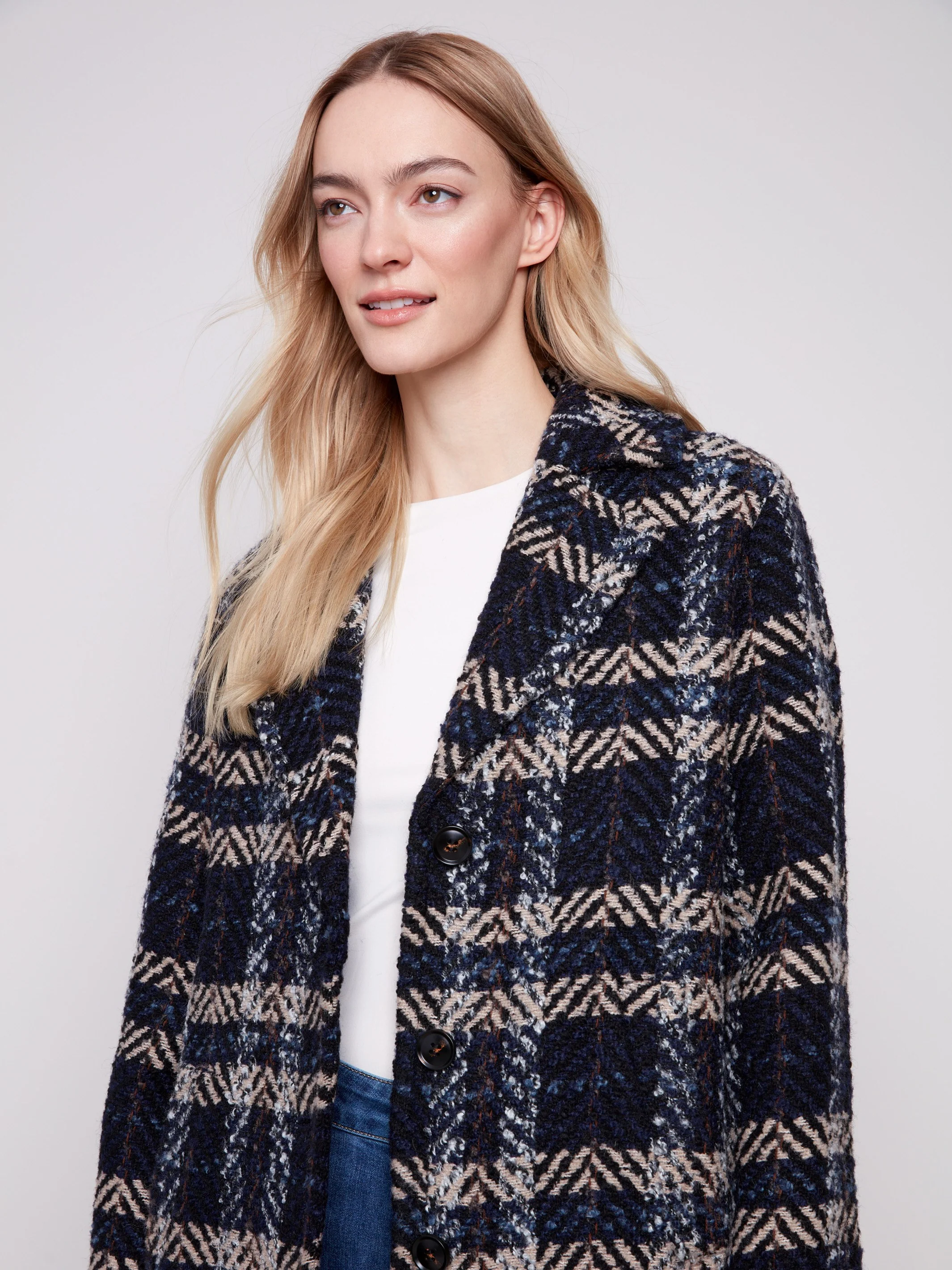 Plaid Bouclé Coat - Navy - WHSBYS