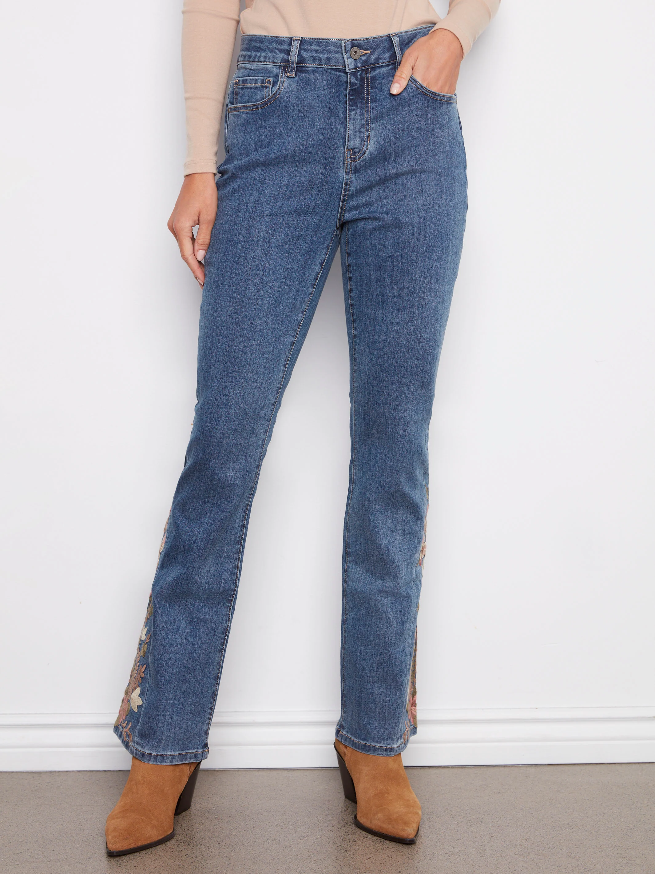 Bootcut Jeans With Floral Embroidery - Medium Blue - WHSBYS