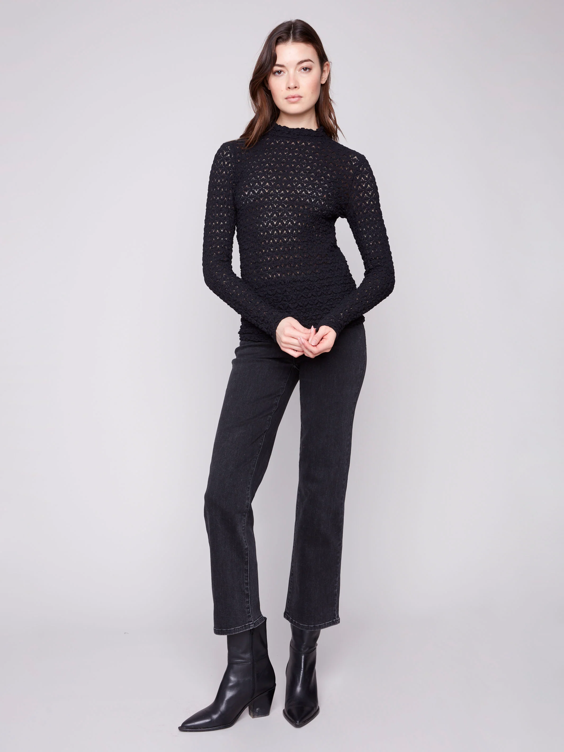 Lace Mock Neck Top - Black - WHSBYS