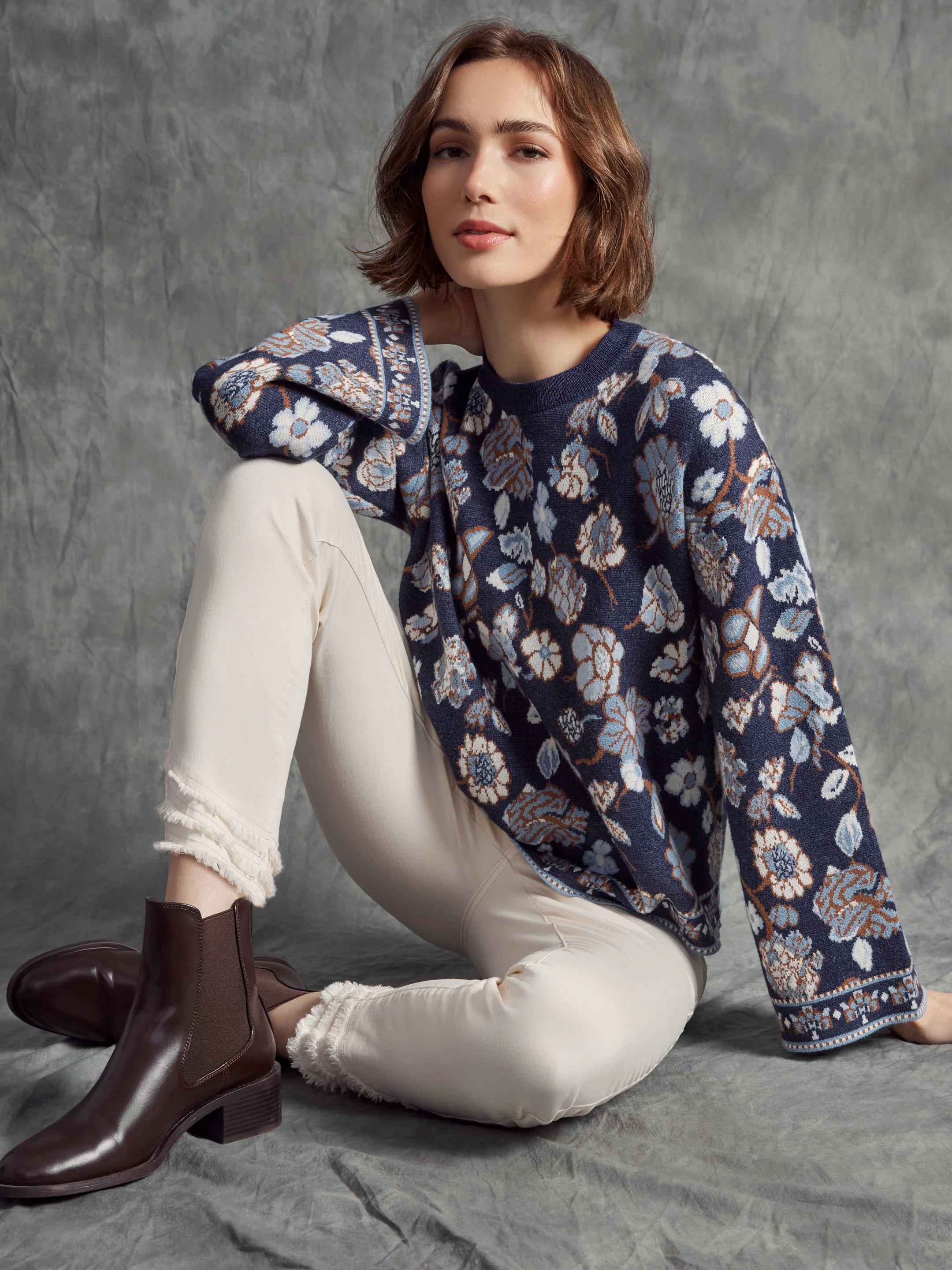 Crew Neck Jacquard Sweater - Floral - WHSBYS