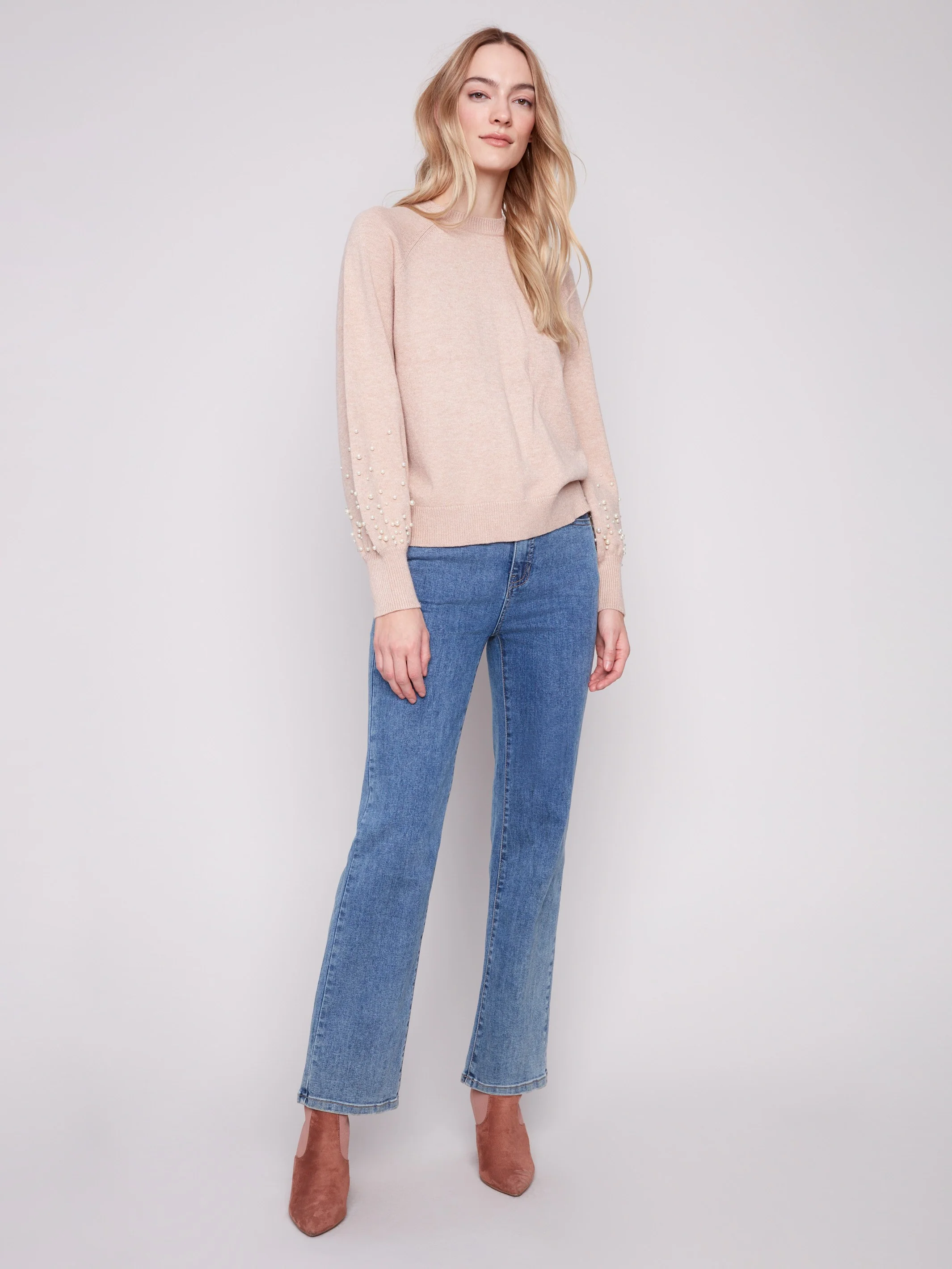 Crew Neck Sweater With Pearl Details - Heather Camel - WHSBYS