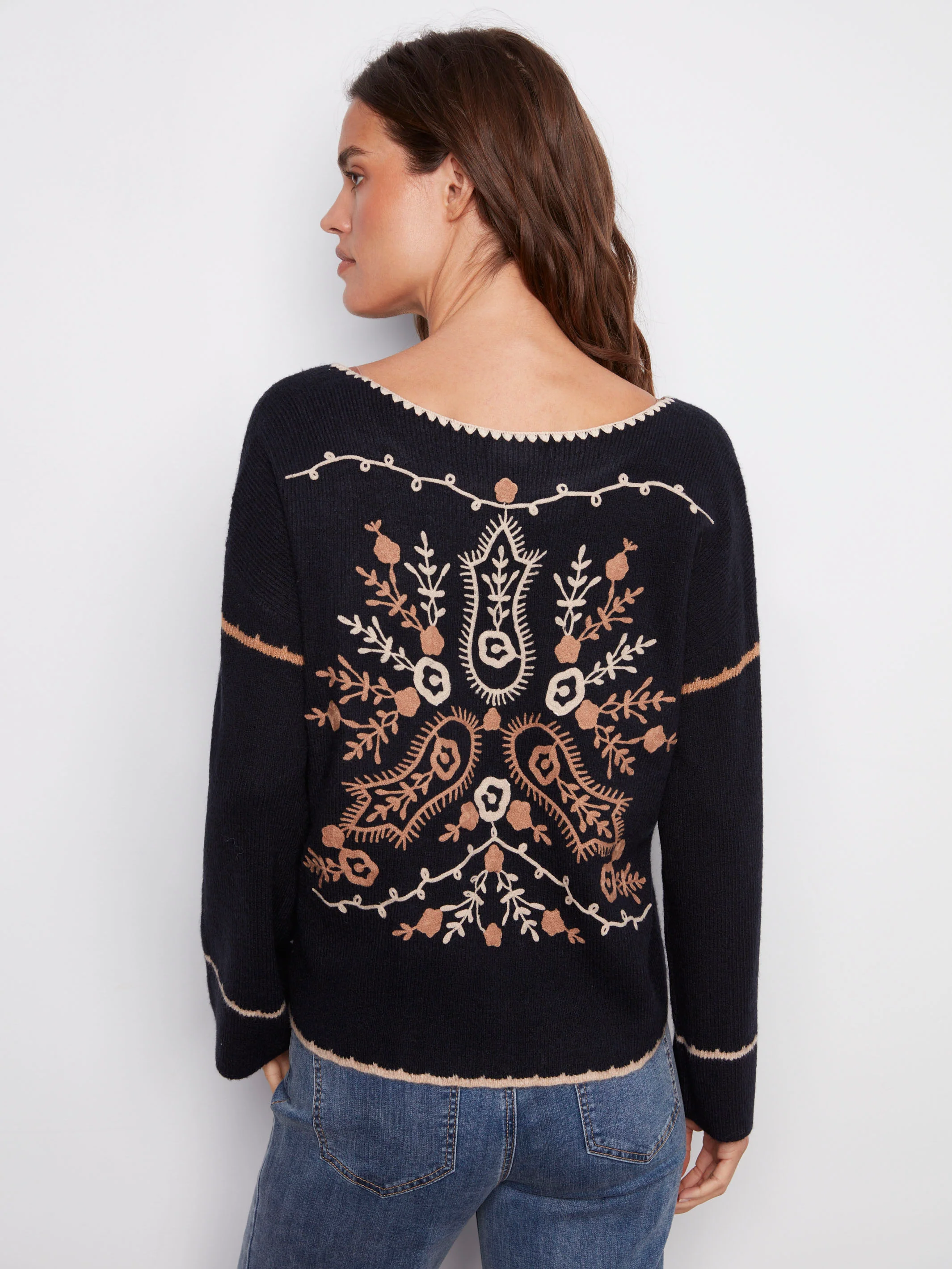 Embroidered Ribbed Sweater With Notch Neck - Navy - WHSBYS