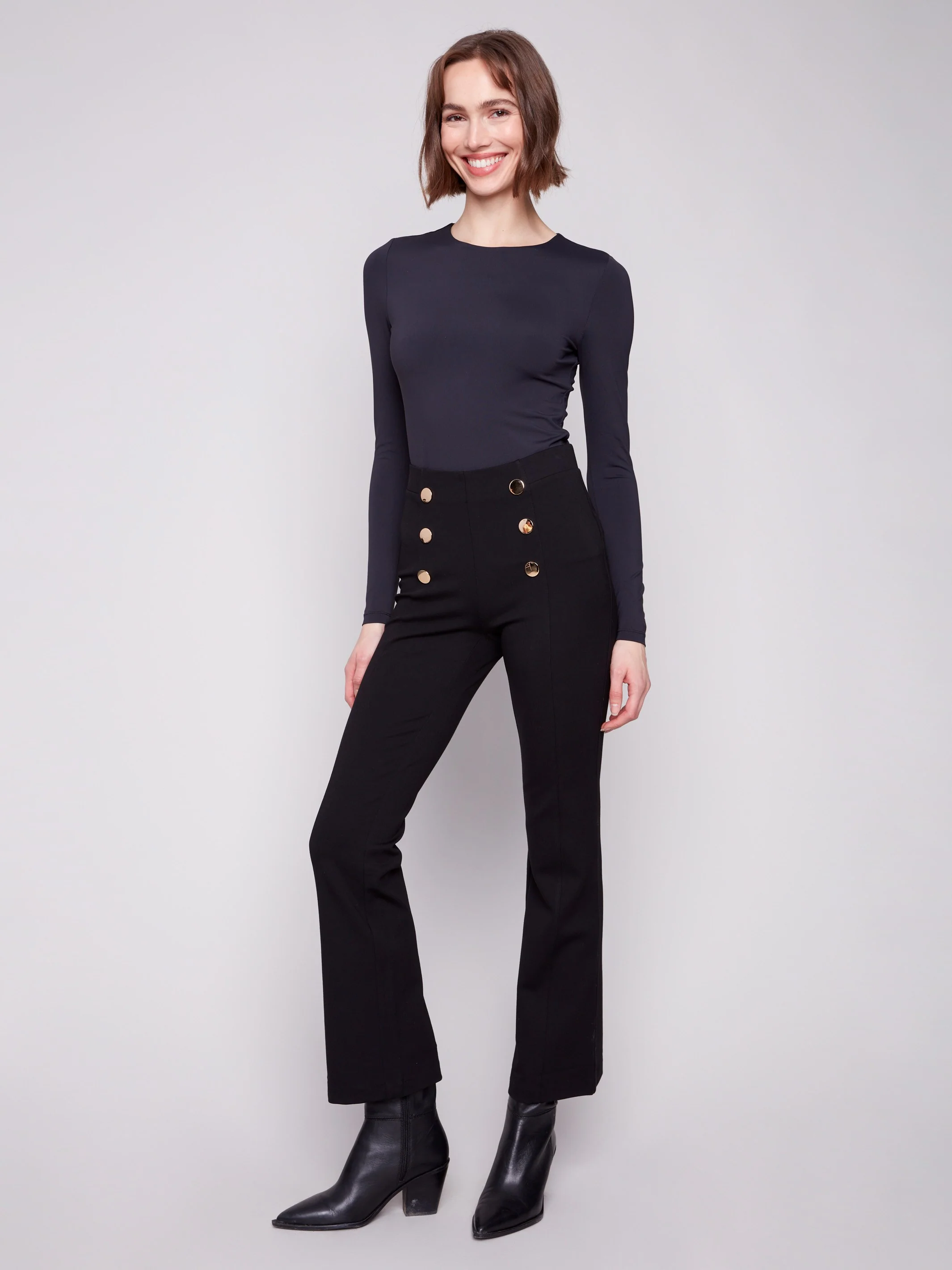 Flare Ponte Pull-On Pants With Front Buttons - Black - WHSBYS