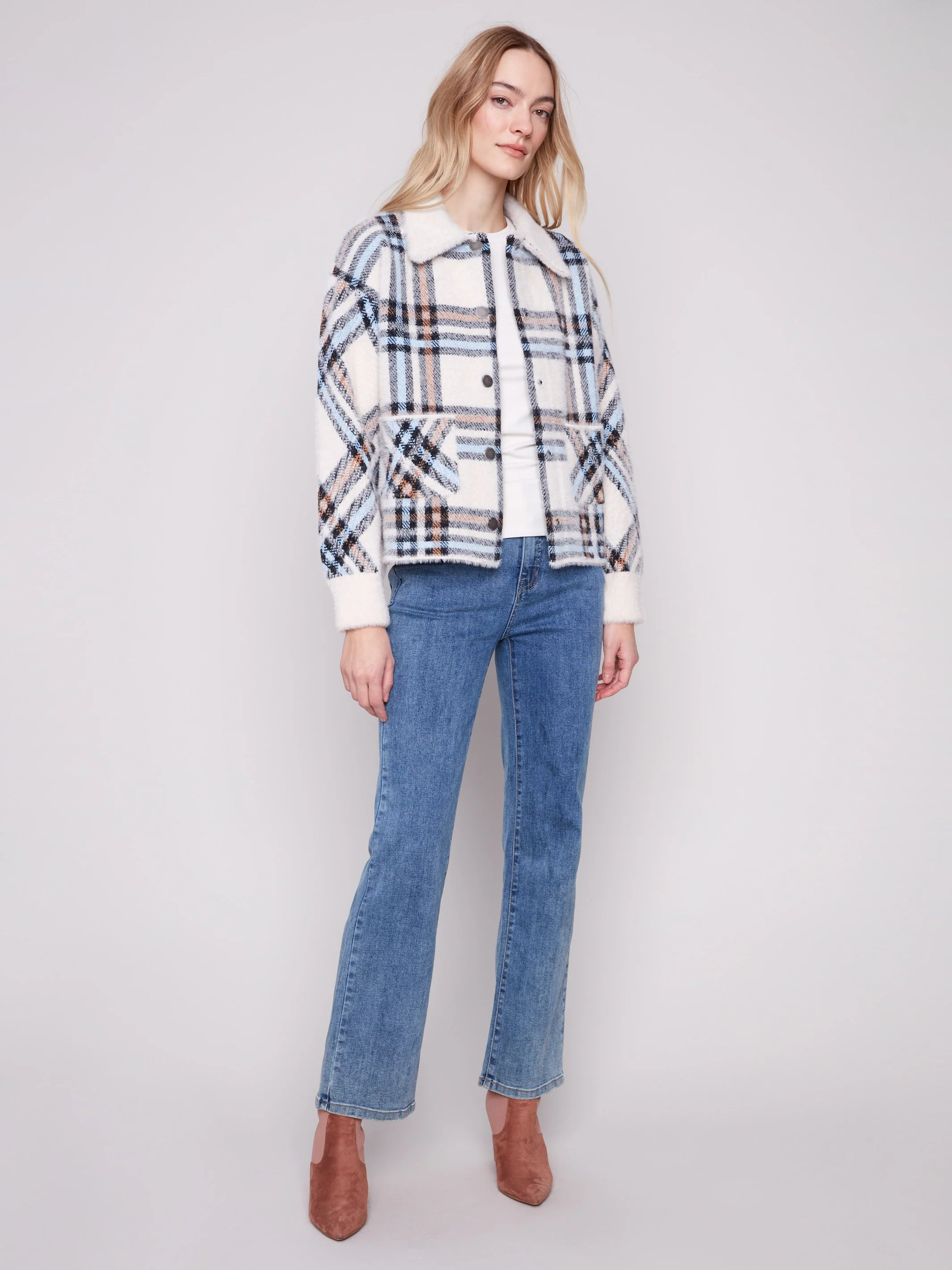 Short Plaid Knit Jacket - Ecru - WHSBYS