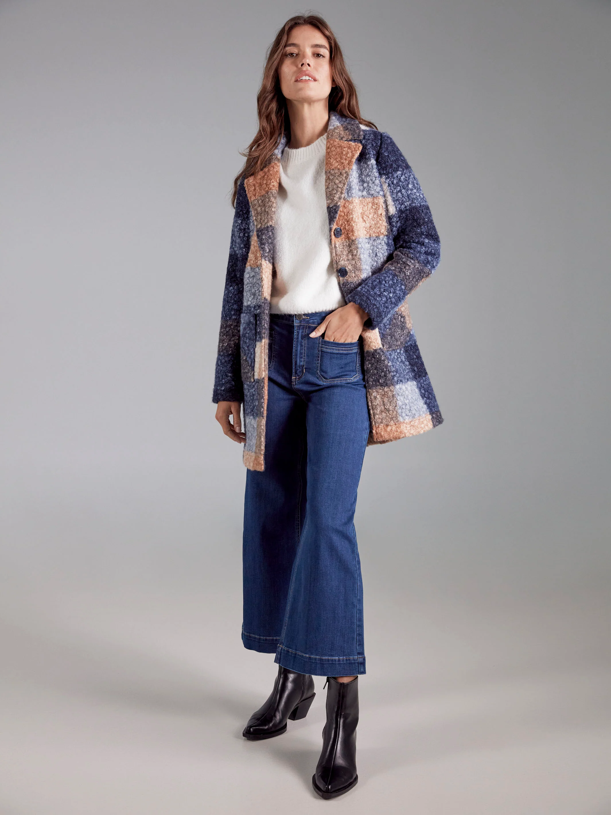 Plaid Bouclé Knit Coat - Moonlight - WHSBYS