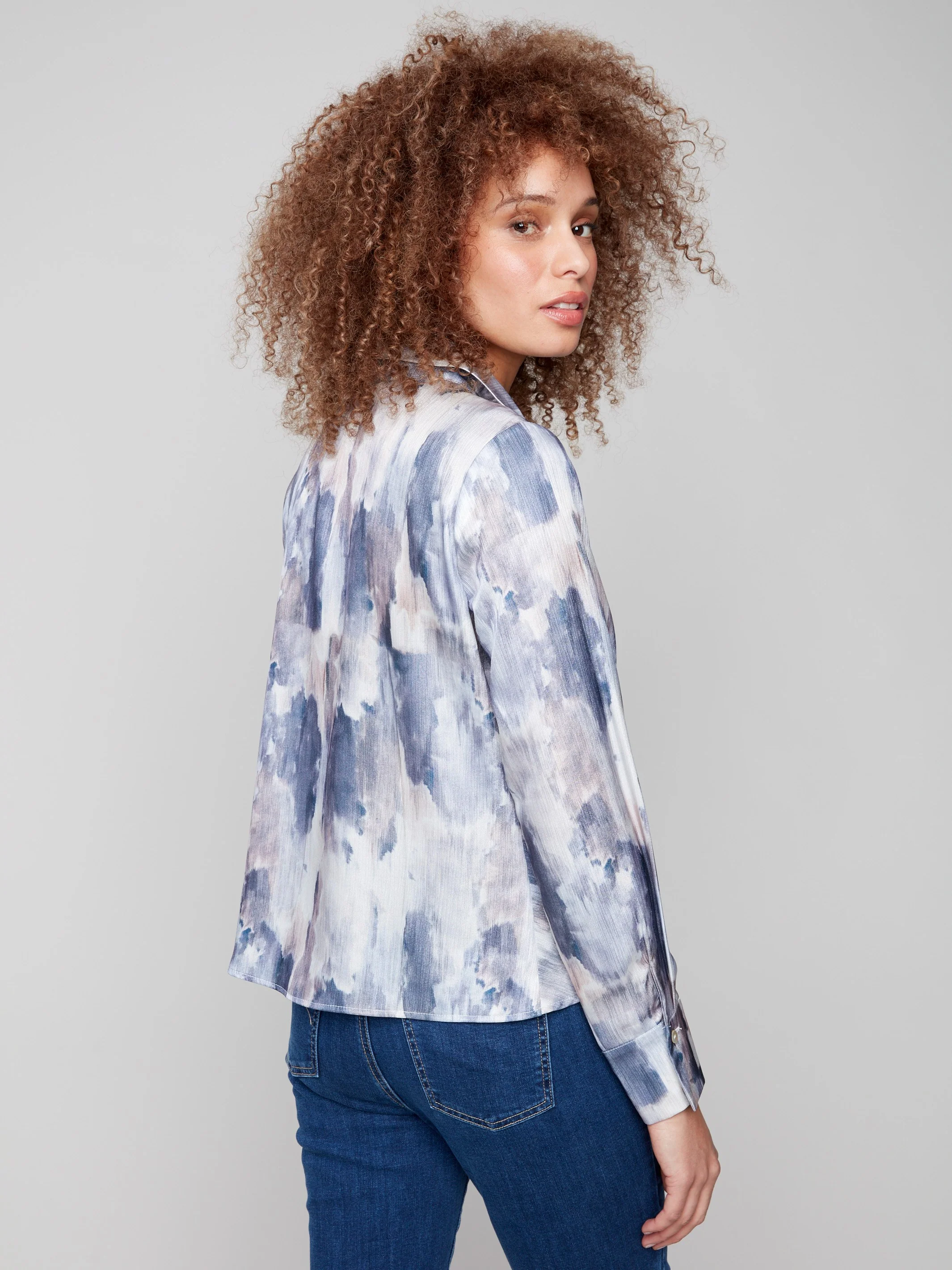 Printed Button-Down Shirt With Twisted Front - Pearly - WHSBYS