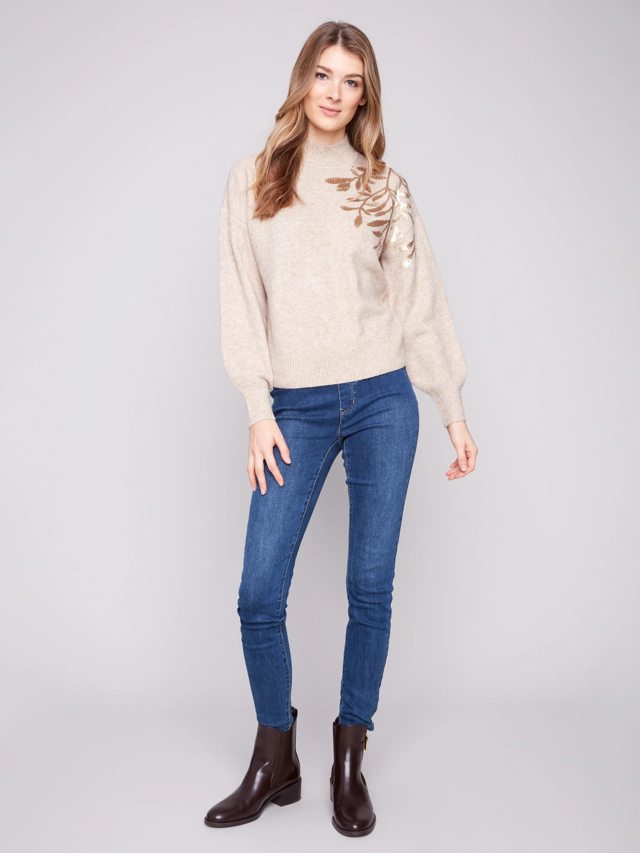 Mock Neck Sweater with Sequin Detail - Heather Oat - WHSBYS