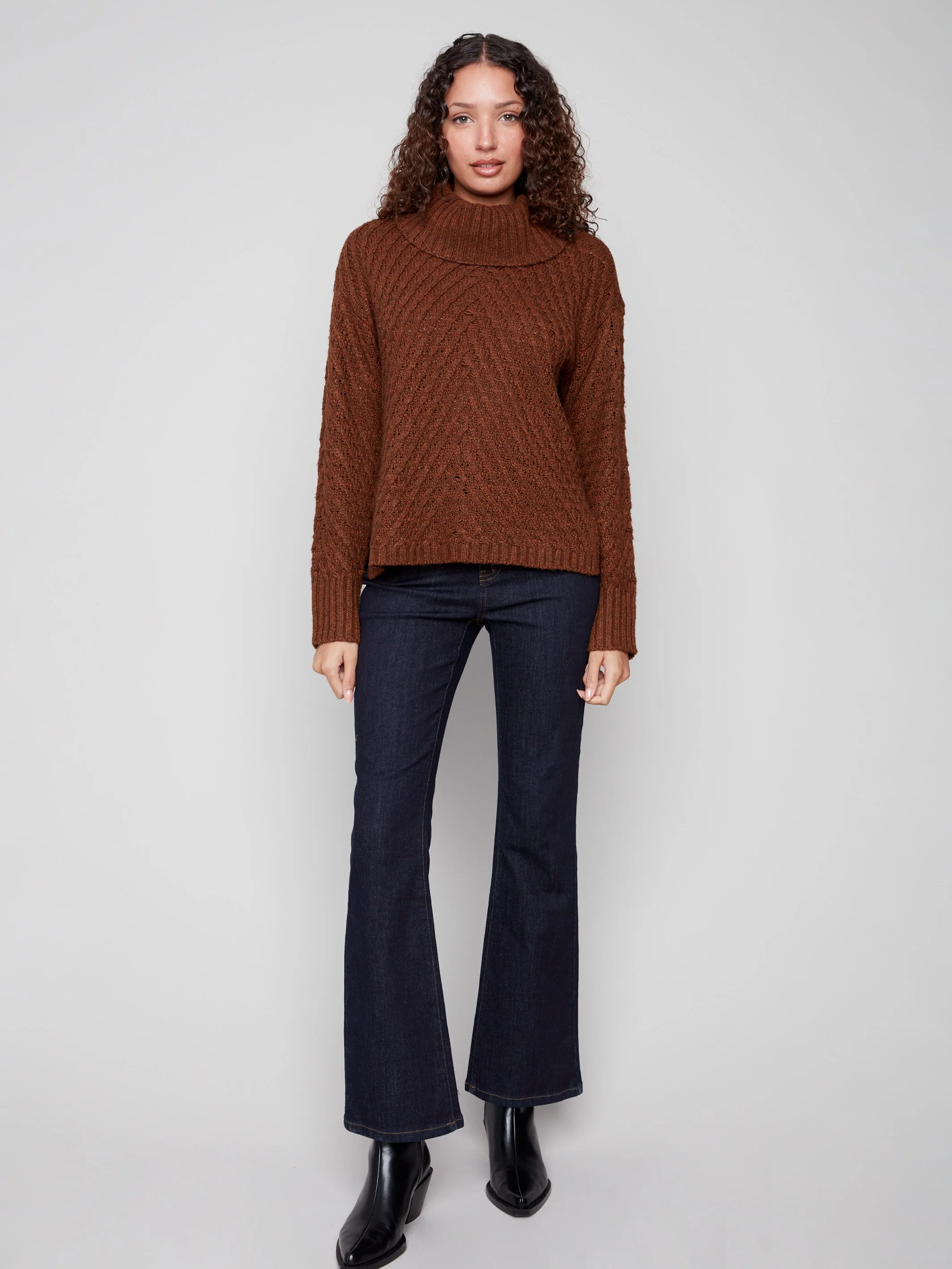 Cowl Neck Diagonal Cable Sweater - Sepia - WHSBYS